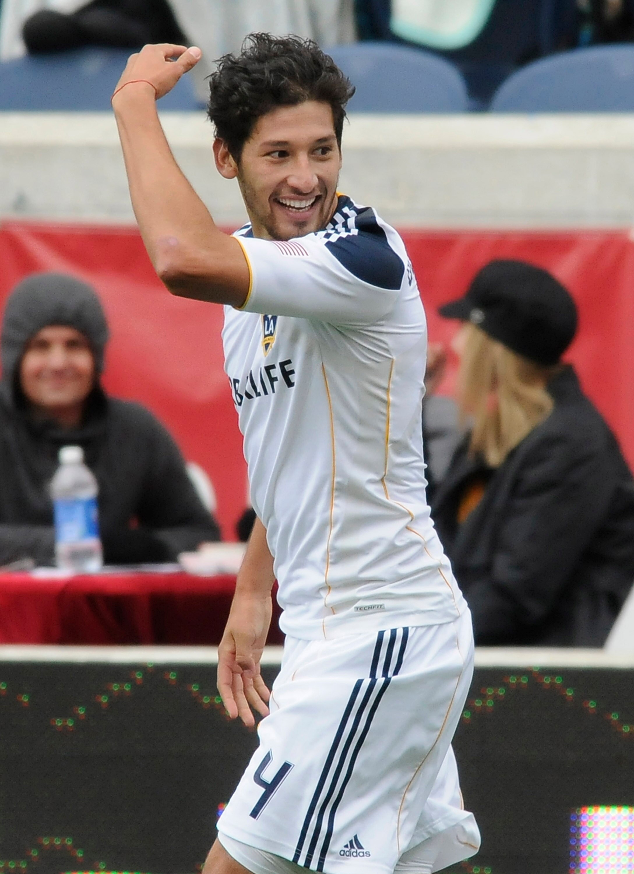 BRIDGEVIEW, IL - APRIL 17: Omar Gonzalez #4 of the Los Angeles Galaxy celebrates his goal against the  Chicago Fire in an MLS match on April 17, 2011 at Toyota Park in Bridgeview, Illinois. The Galaxy won 2-1. (Photo by David Banks/Getty Images)