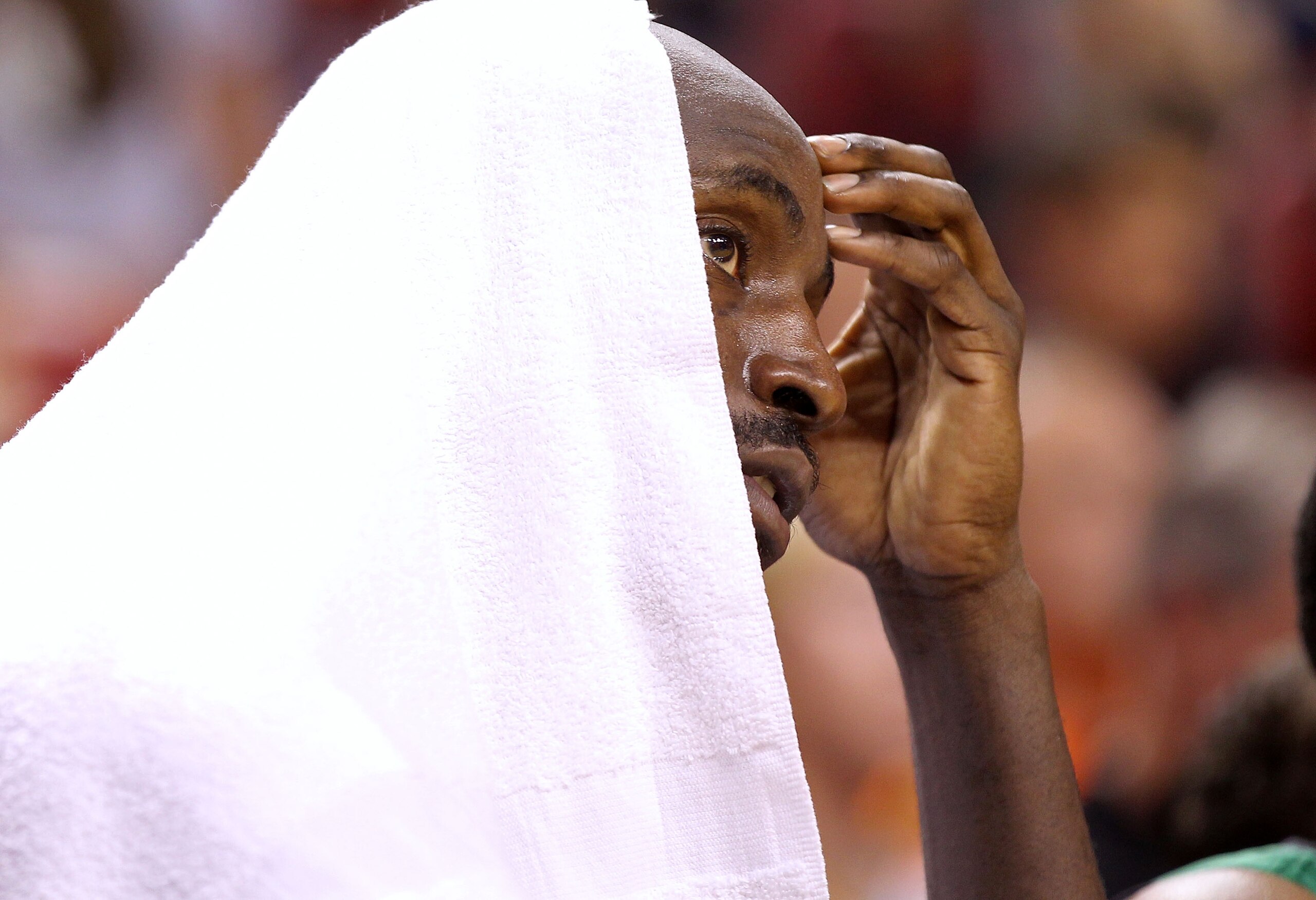 MIAMI, FL - APRIL 10:  Kevin Garnett #5 of the Boston Celtics looks on during a game against the Miami Heat  at American Airlines Arena on April 10, 2011 in Miami, Florida. NOTE TO USER: User expressly acknowledges and agrees that, by downloading and/or u