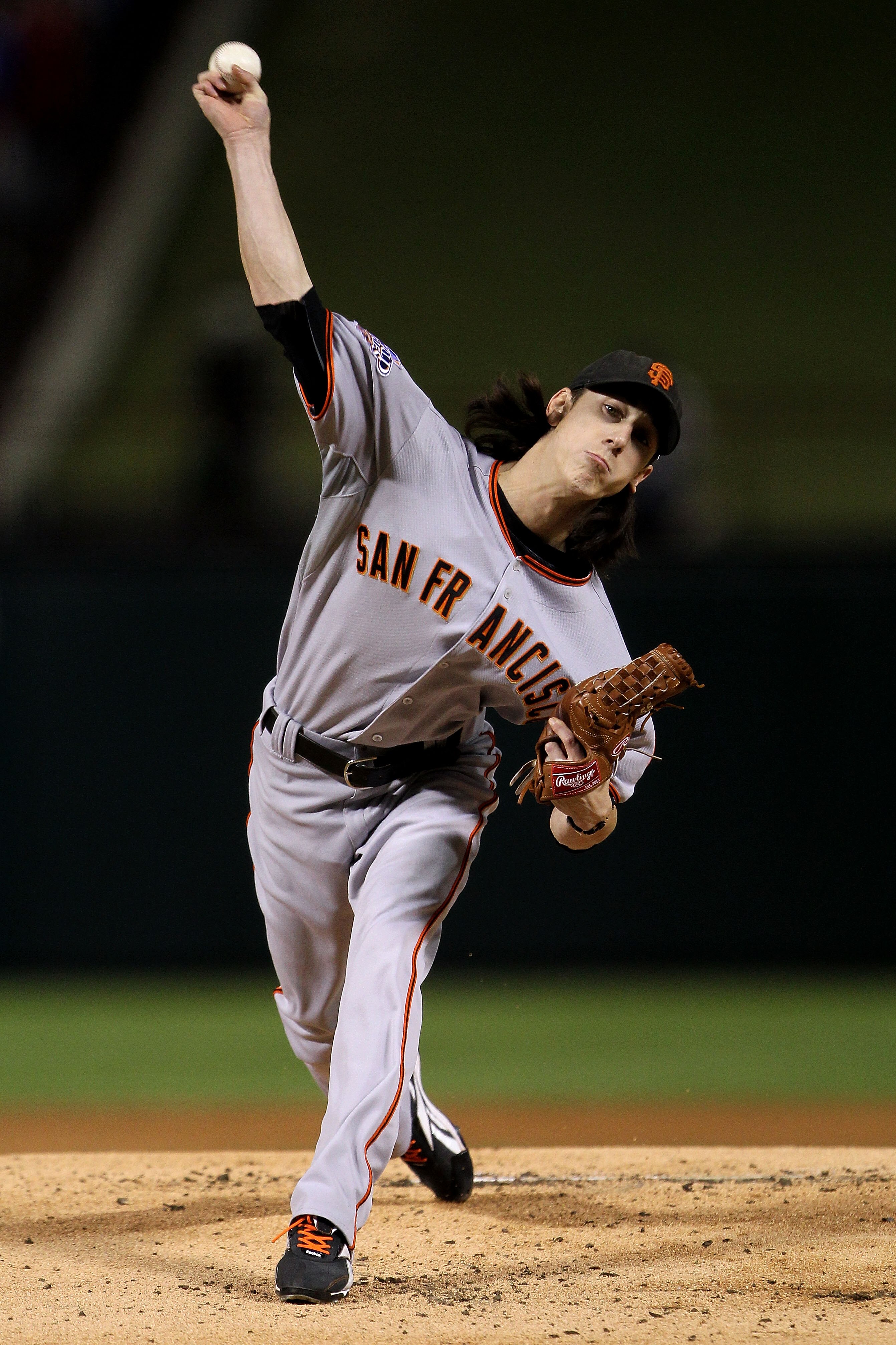 ARLINGTON, TX - NOVEMBER 01:  Starting pitcher Tim Lincecum #55 of the San Francisco Giants pitches against the Texas Rangers in Game Five of the 2010 MLB World Series at Rangers Ballpark in Arlington on November 1, 2010 in Arlington, Texas.  (Photo by Do