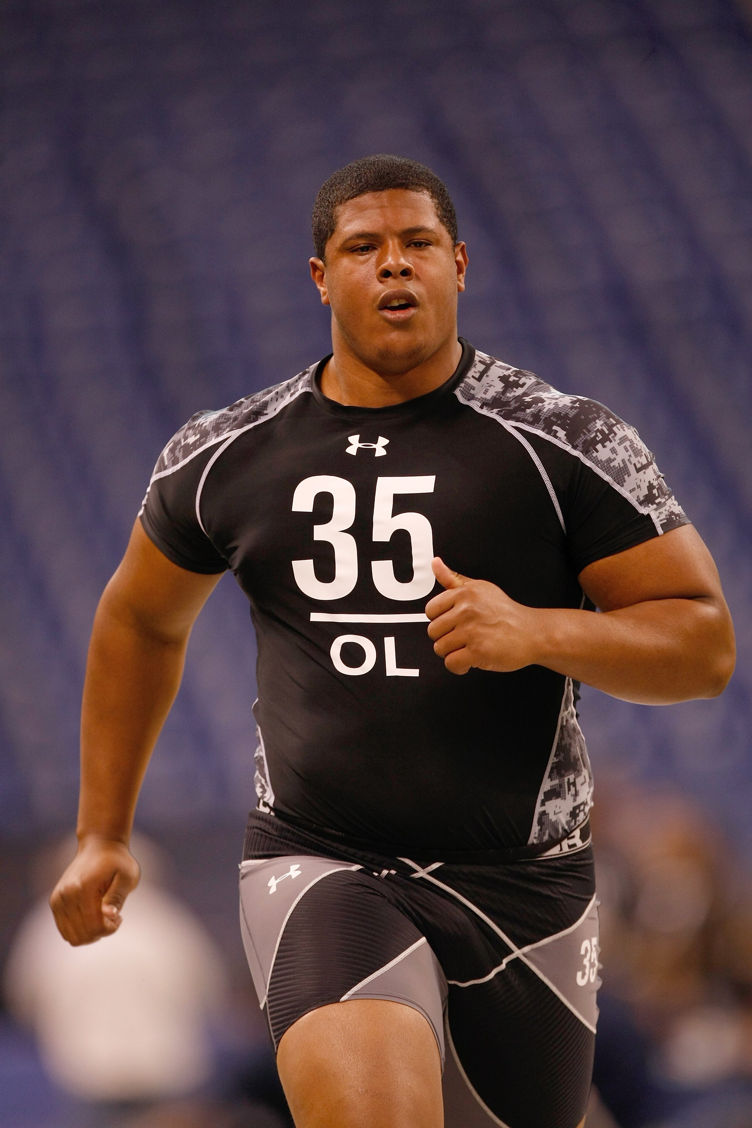 INDIANAPOLIS, IN - FEBRUARY 27: Offensive lineman Roger Saffold of Indiana runs the 40 yard dash during the NFL Scouting Combine presented by Under Armour at Lucas Oil Stadium on February 27, 2010 in Indianapolis, Indiana. (Photo by Scott Boehm/Getty Imag INDIANAPOLIS, IN - FEBRUARY 27: Offensive lineman Roger Saffold of Indiana runs the 40 yard dash during the NFL Scouting Combine presented by Under Armour at Lucas Oil Stadium on February 27, 2010 in Indianapolis, Indiana. (Photo by Scott Boehm/Getty Imag