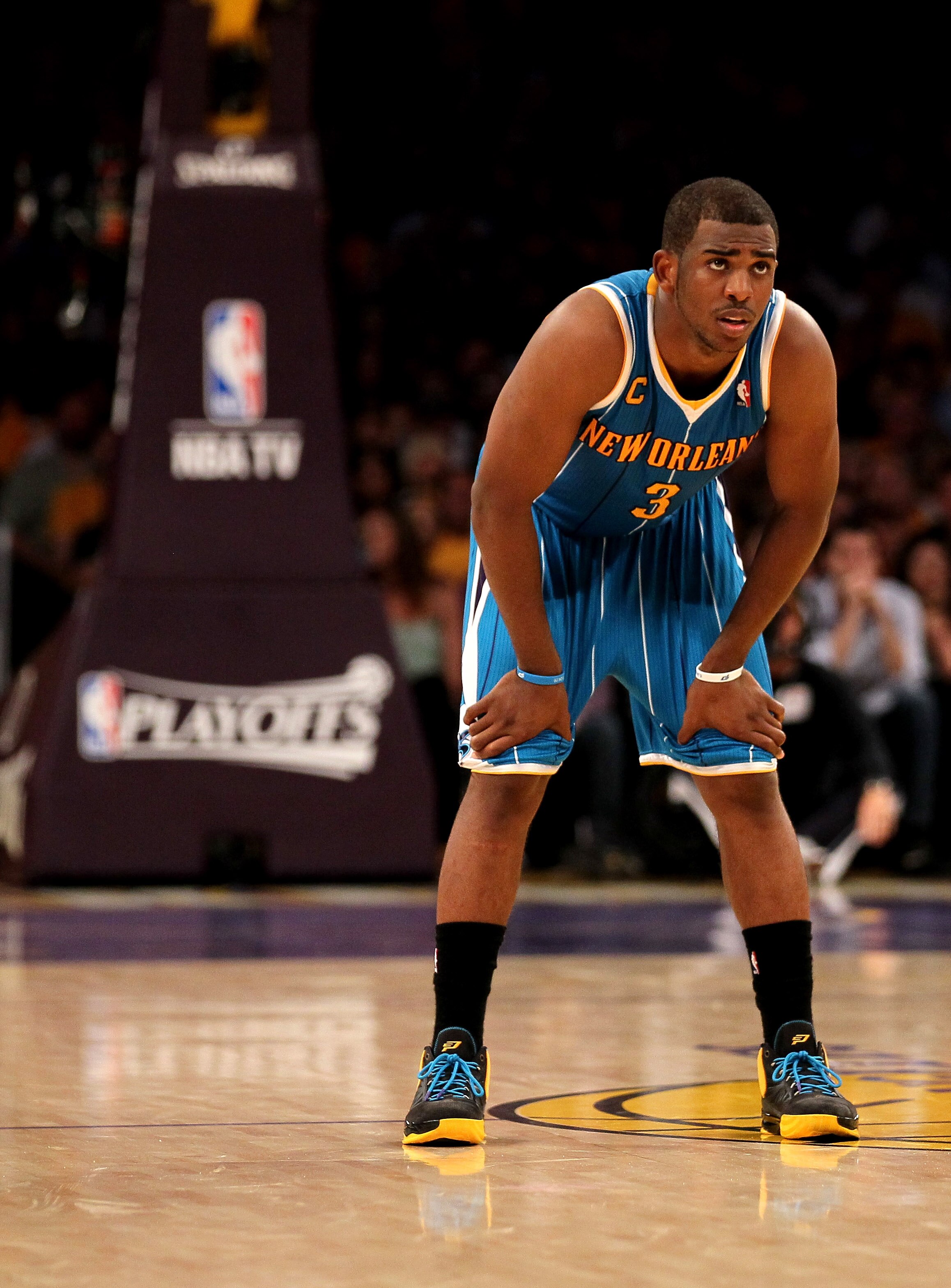 LOS ANGELES, CA - APRIL 17:  Chris Paul #3 of the New Orleans Hornets stands on the court against the Los Angeles Lakers in Game One of the Western Conference Quarterfinals in the 2011 NBA Playoffs on April 17, 2011 at Staples Center in Los Angeles, Calif