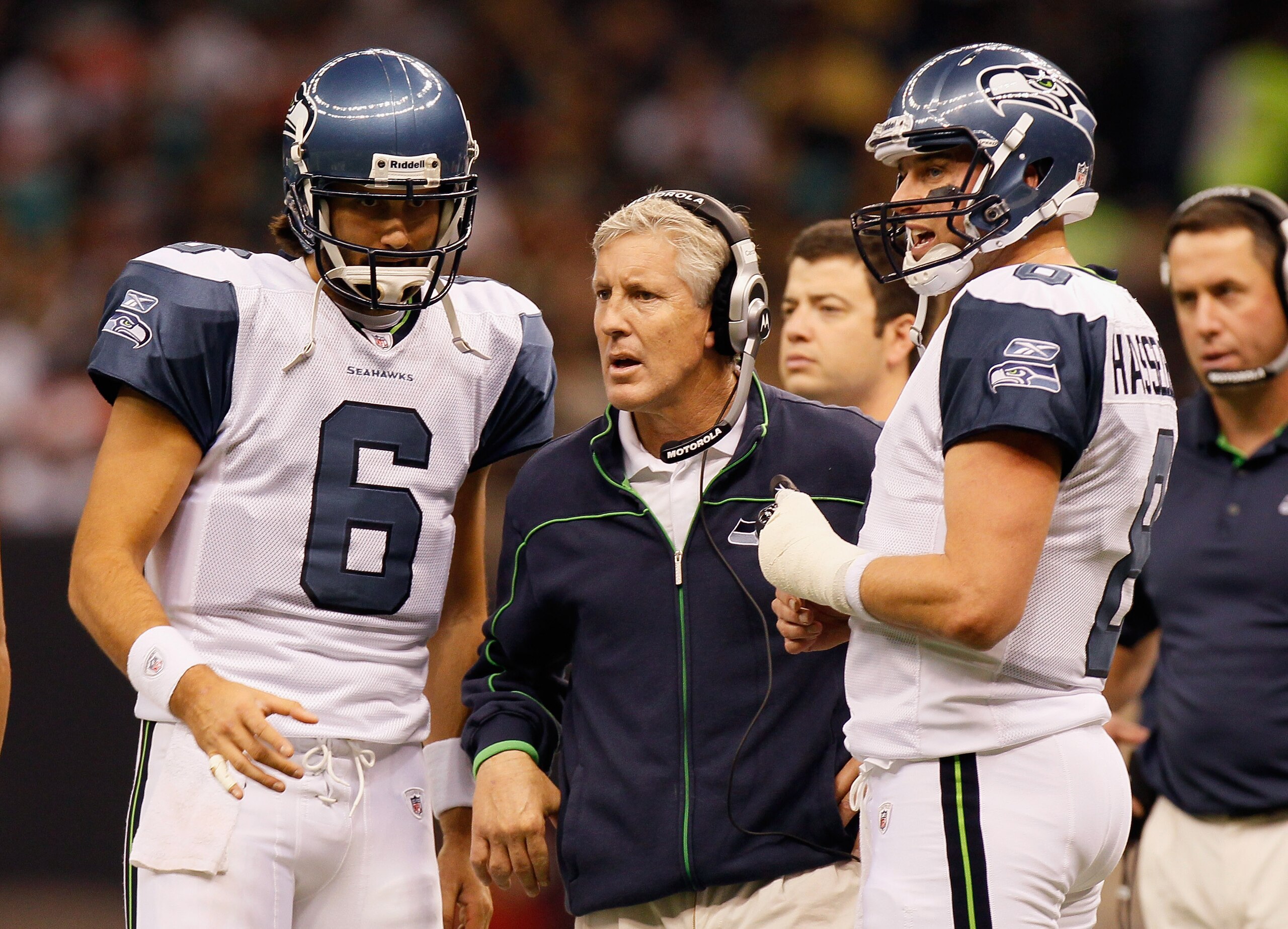 NEW ORLEANS - NOVEMBER 21: Head coach Pete Carroll, quarterbacks Matt Hasselbeck #8 and Charlie Whitehurst #6 of the Seattle Seahawks against the New Orleans Saints at Louisiana Superdome on November 21, 2010 in New Orleans, Louisiana. (Photo by Kevin C NEW ORLEANS - NOVEMBER 21: Head coach Pete Carroll, quarterbacks Matt Hasselbeck #8 and Charlie Whitehurst #6 of the Seattle Seahawks against the New Orleans Saints at Louisiana Superdome on November 21, 2010 in New Orleans, Louisiana. (Photo by Kevin C