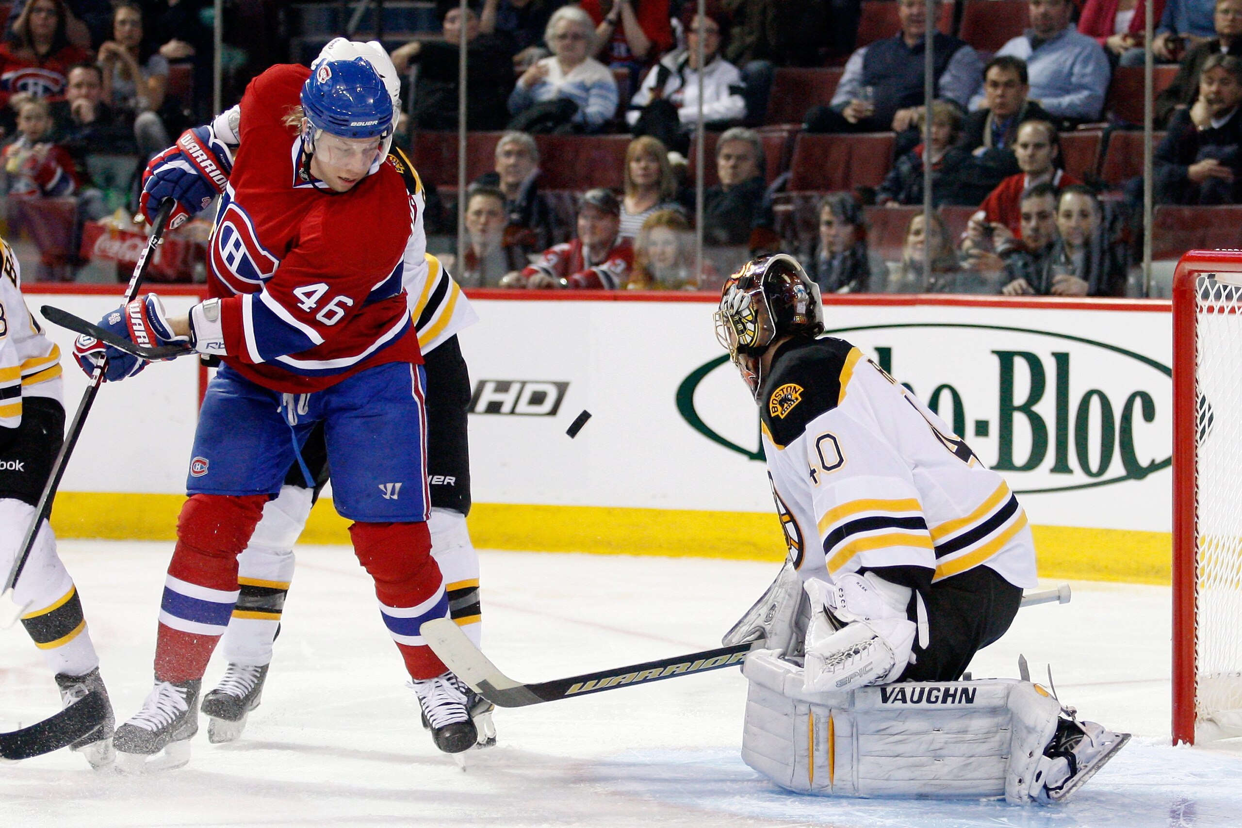 MONTREAL, CANADA - MARCH 8:  Andrei Kostitsyn #46 of the Montreal Canadiens watches the rebounding puck in front of Tuukka Rask #40 of the Boston Bruins during the NHL game at the Bell Centre on March 8, 2011 in Montreal, Quebec, Canada.  The Canadiens de