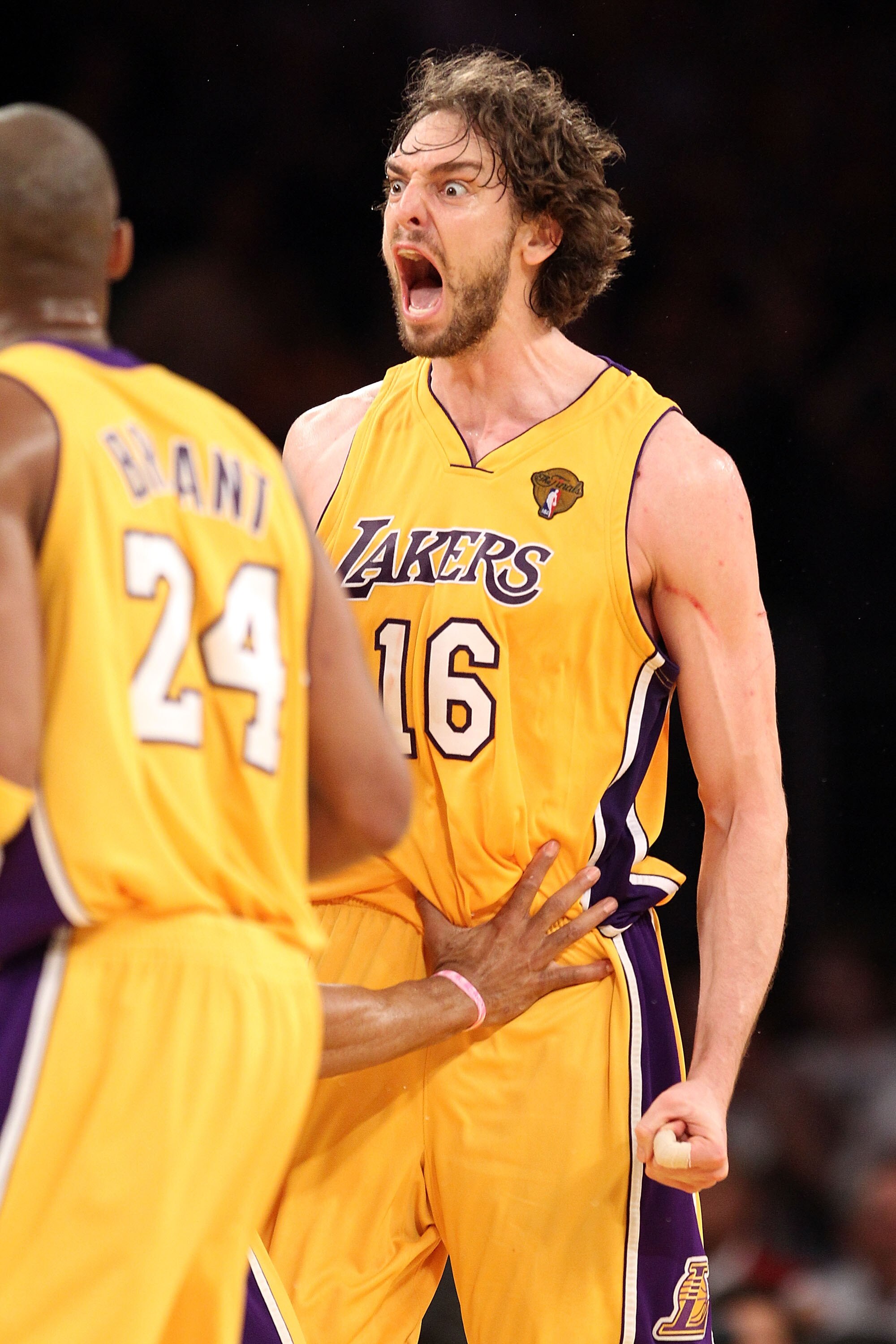 LOS ANGELES, CA - JUNE 17:  Pau Gasol #16 of the Los Angeles Lakers reacts in the second half while taking on the Boston Celtics in Game Seven of the 2010 NBA Finals at Staples Center on June 17, 2010 in Los Angeles, California.  NOTE TO USER: User expres