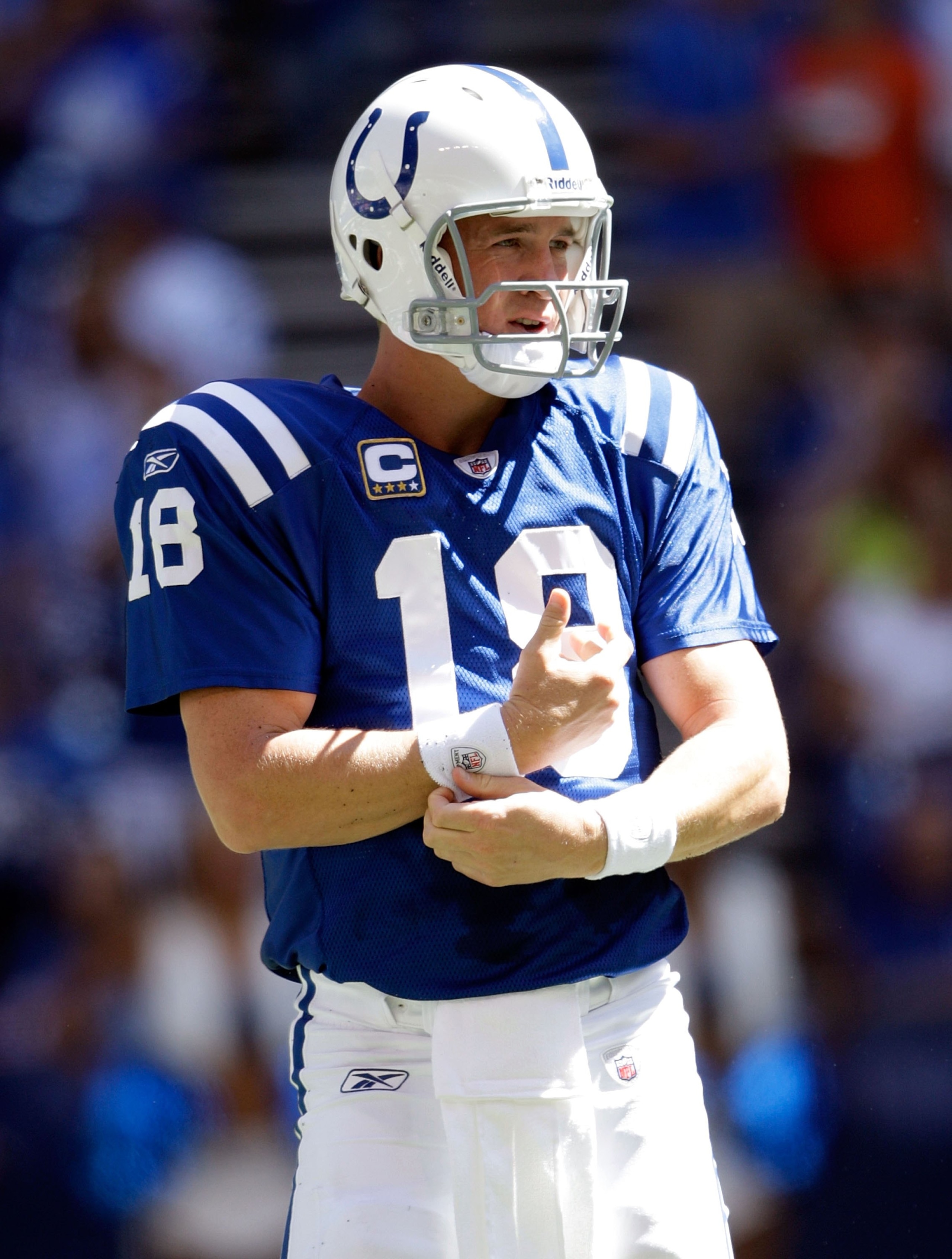 INDIANAPOLIS - SEPTEMBER 13:  Peyton Manning #18 of the Indianapolis Colts waits for a play form the bench during the game against the Jacksonville Jaguars at Lucas Oil Stadium on September 13, 2009 in Indianapolis, Indiana.  (Photo by Andy Lyons/Getty Im