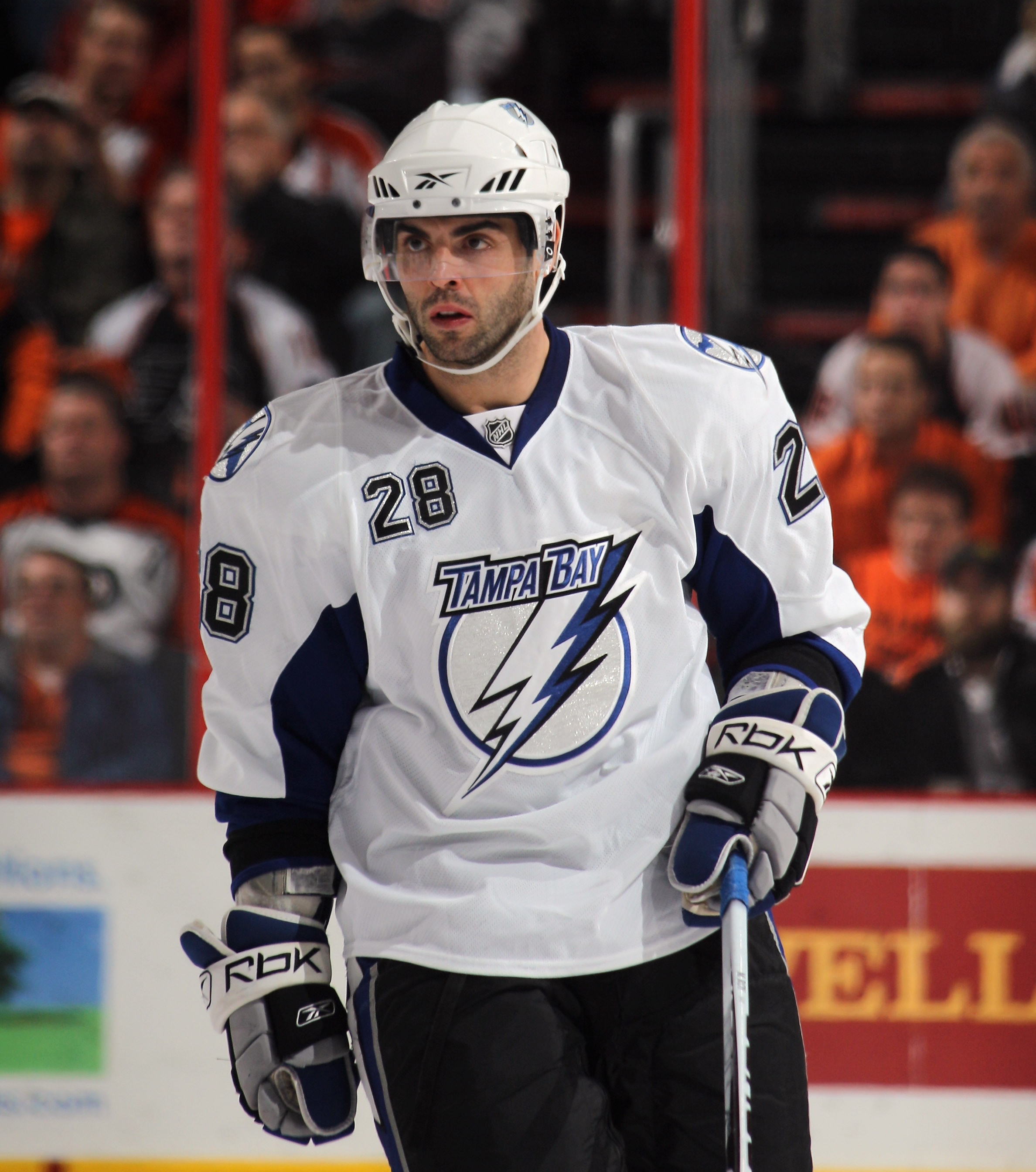 PHILADELPHIA - NOVEMBER 18:  Mathieu Roy #28 of the Tampa Bay Lightning skates against the Philadelphia Flyers at the Wells Fargo Center on November 18, 2010 in Philadelphia, Pennsylvania. The Lightning defeated the Flyers 8-7.  (Photo by Bruce Bennett/Ge
