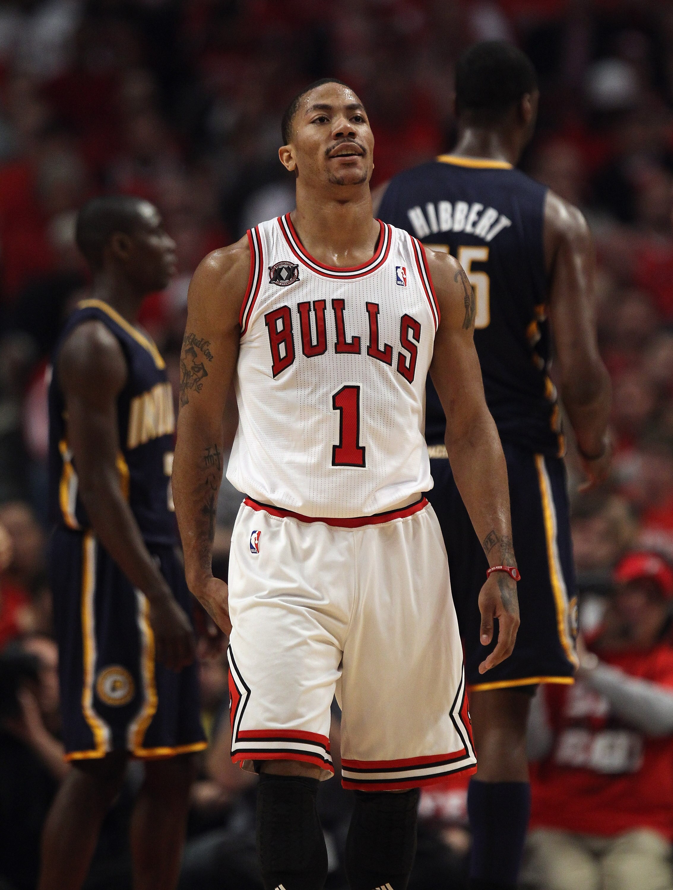CHICAGO, IL - APRIL 16: Derrick Rose #1 of the Chicago Bulls reacts after missing a three-point shot against the Indiana Pacers in Game One of the Eastern Conference Quarterfinals in the 2011 NBA Playoffs at the United Center on April 16, 2011 in Chicago,