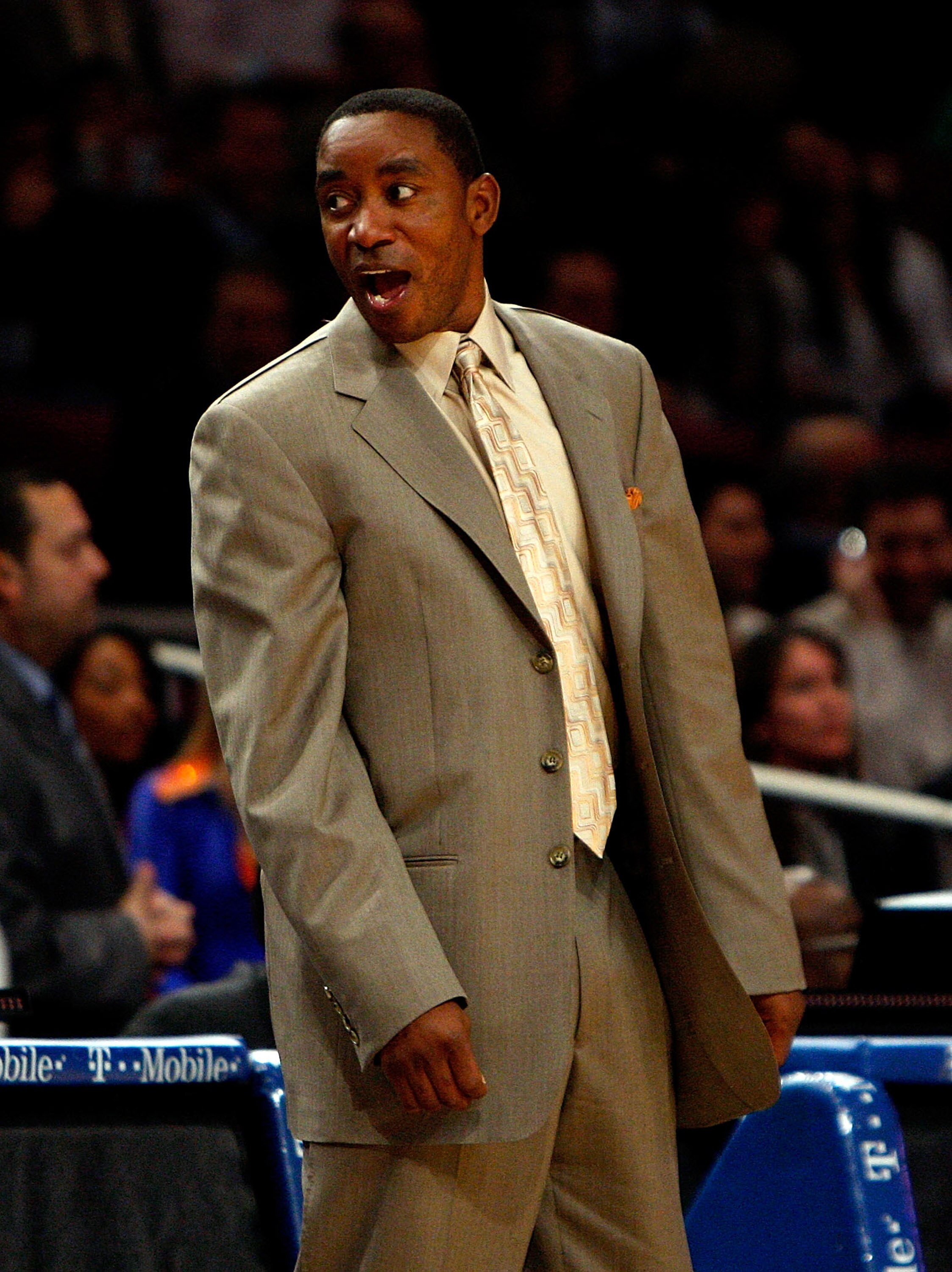 NEW YORK - MARCH 24: Head coach of the New York Knicks Isiah Thomas reacts to a call on the sideline against the New Jersey Nets on March 24, 2008 at Madison Square Garden in New York City. NOTE TO USER: User expressly acknowledges and agrees that, by dow