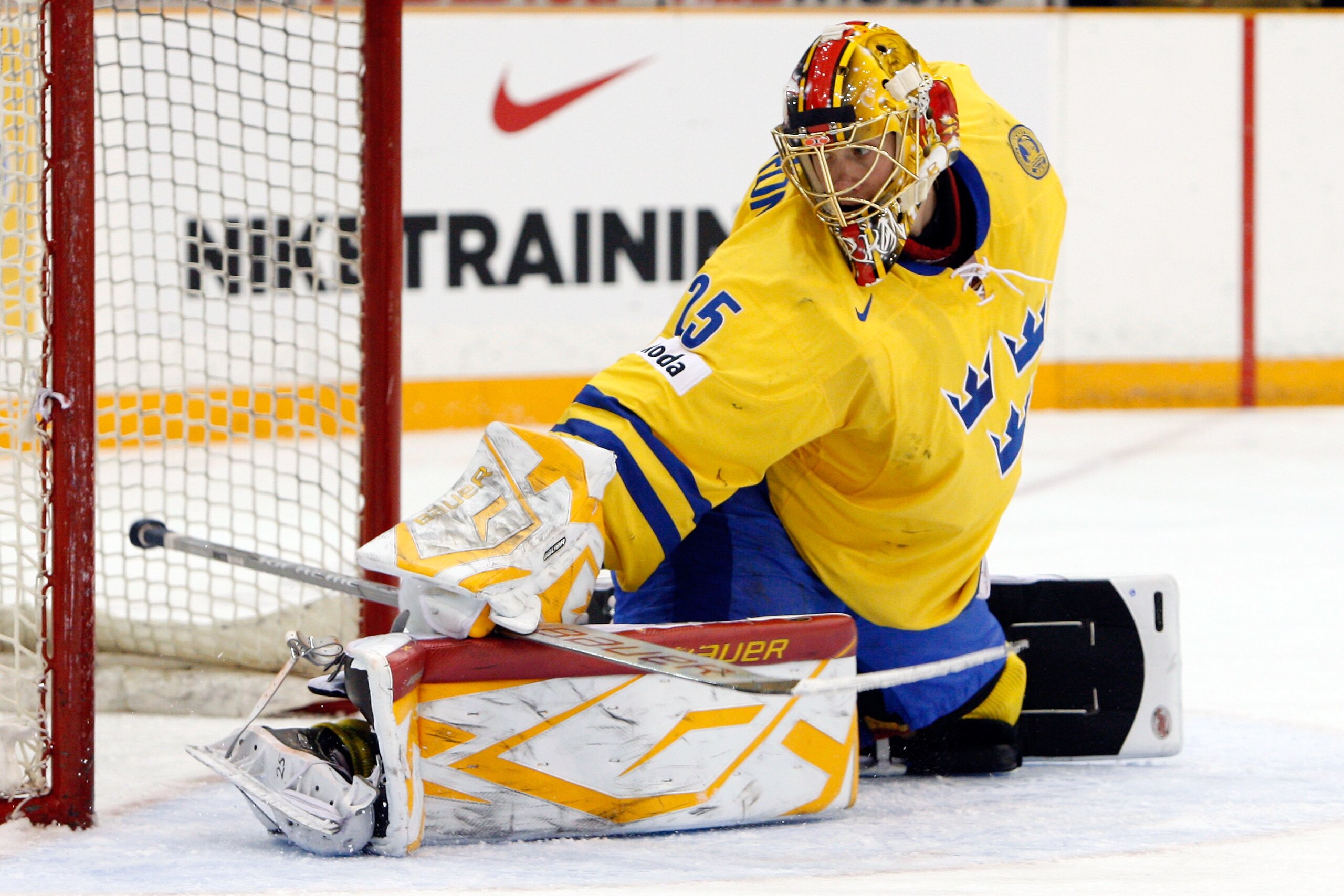 SASKATOON, SK - JANUARY 3:  Jacob Markstrom #25 of Team Sweden stretches out to stop a shot during the 2010 IIHF World Junior Championship Tournament Semifinal game against Team USA on January 3, 2010 at the Credit Union Centre in Saskatoon, Saskatchewan,