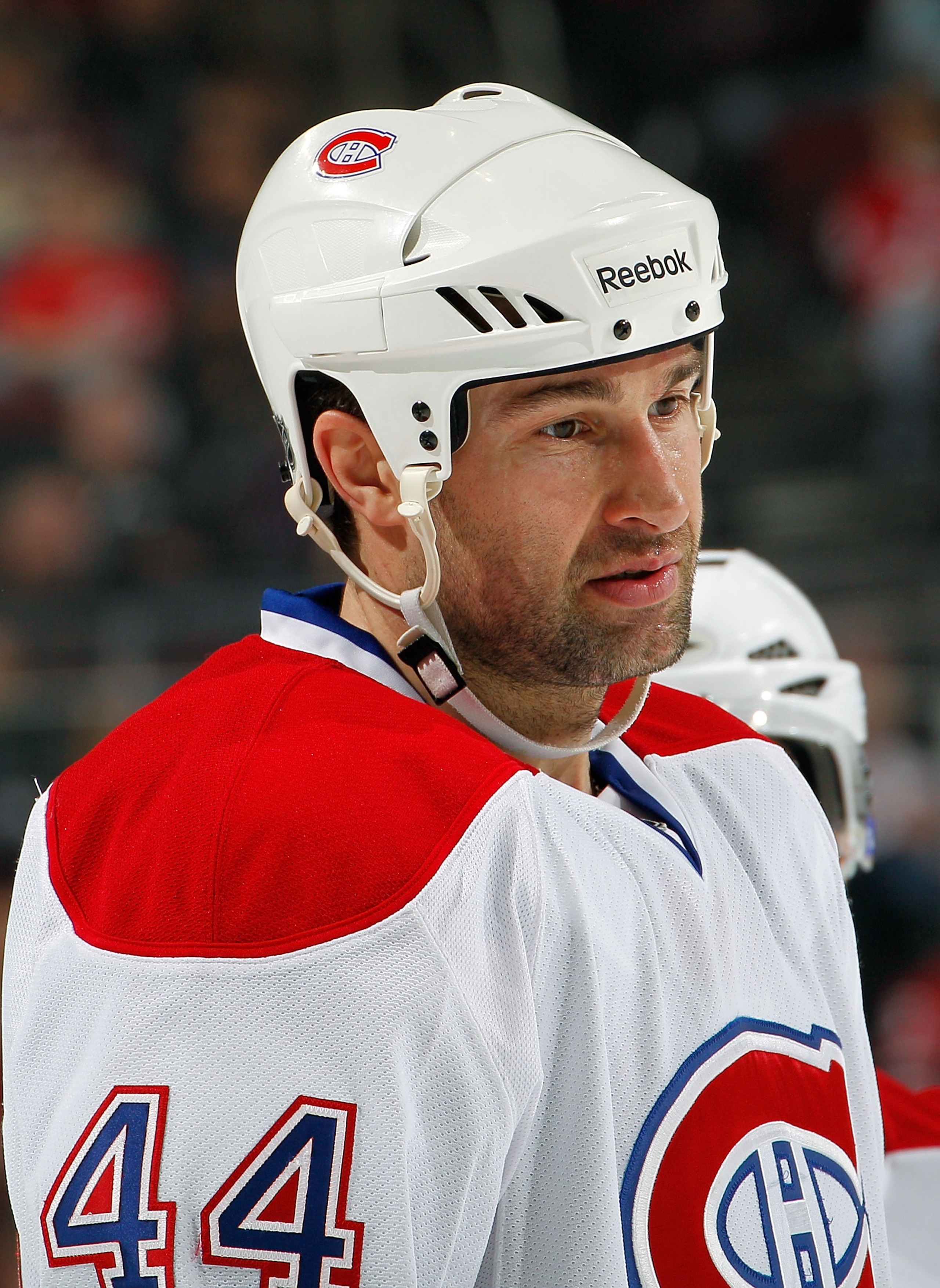 NEWARK, NJ - APRIL 02:  Roman Hamrlik #44 of the Montreal Canadians waits for a faceoff during an NHL hockey game against the New Jersey Devils at the Prudential Center on April 2, 2011 in Newark, New Jersey.  (Photo by Paul Bereswill/Getty Images)