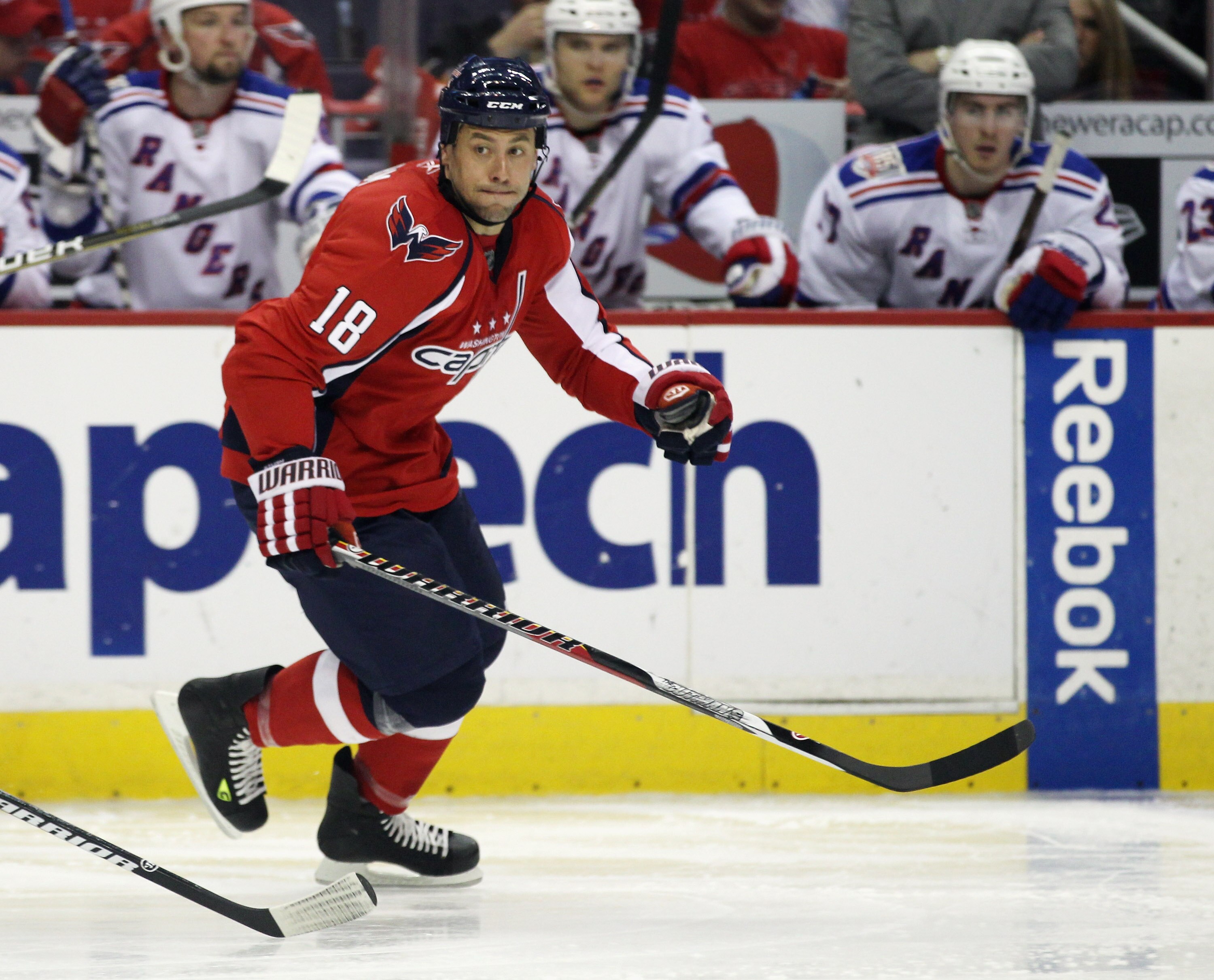 WASHINGTON, DC - APRIL 15:  Marco Sturm #18 of the Washington Capitals skates against the New York Rangers in Game Two of the Eastern Conference Quarterfinals during the 2011 NHL Stanley Cup Playoffs at Verizon Center on April 15, 2011 in Washington, DC.