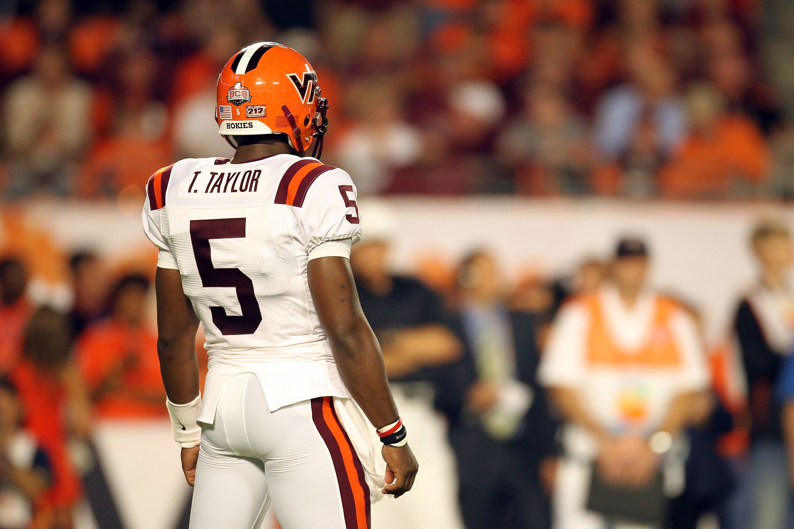MIAMI, FL - JANUARY 03: Tyrod Taylor #5 of the Virginia Tech Hokies looks towards his teams sideline against the Stanford Cardinal during the 2011 Discover Orange Bowl at Sun Life Stadium on January 3, 2011 in Miami, Florida. Stanford won 40-12. (Photo MIAMI, FL - JANUARY 03: Tyrod Taylor #5 of the Virginia Tech Hokies looks towards his teams sideline against the Stanford Cardinal during the 2011 Discover Orange Bowl at Sun Life Stadium on January 3, 2011 in Miami, Florida. Stanford won 40-12. (Photo