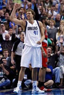 DALLAS, TX - APRIL 16:  Forward Dirk Nowitzki #41 of the Dallas Mavericks reacts against the Portland Trail Blazers in Game One of the Western Conference Quarterfinals during the 2011 NBA Playoffs on April 16, 2011 at American Airlines Center in Dallas, T