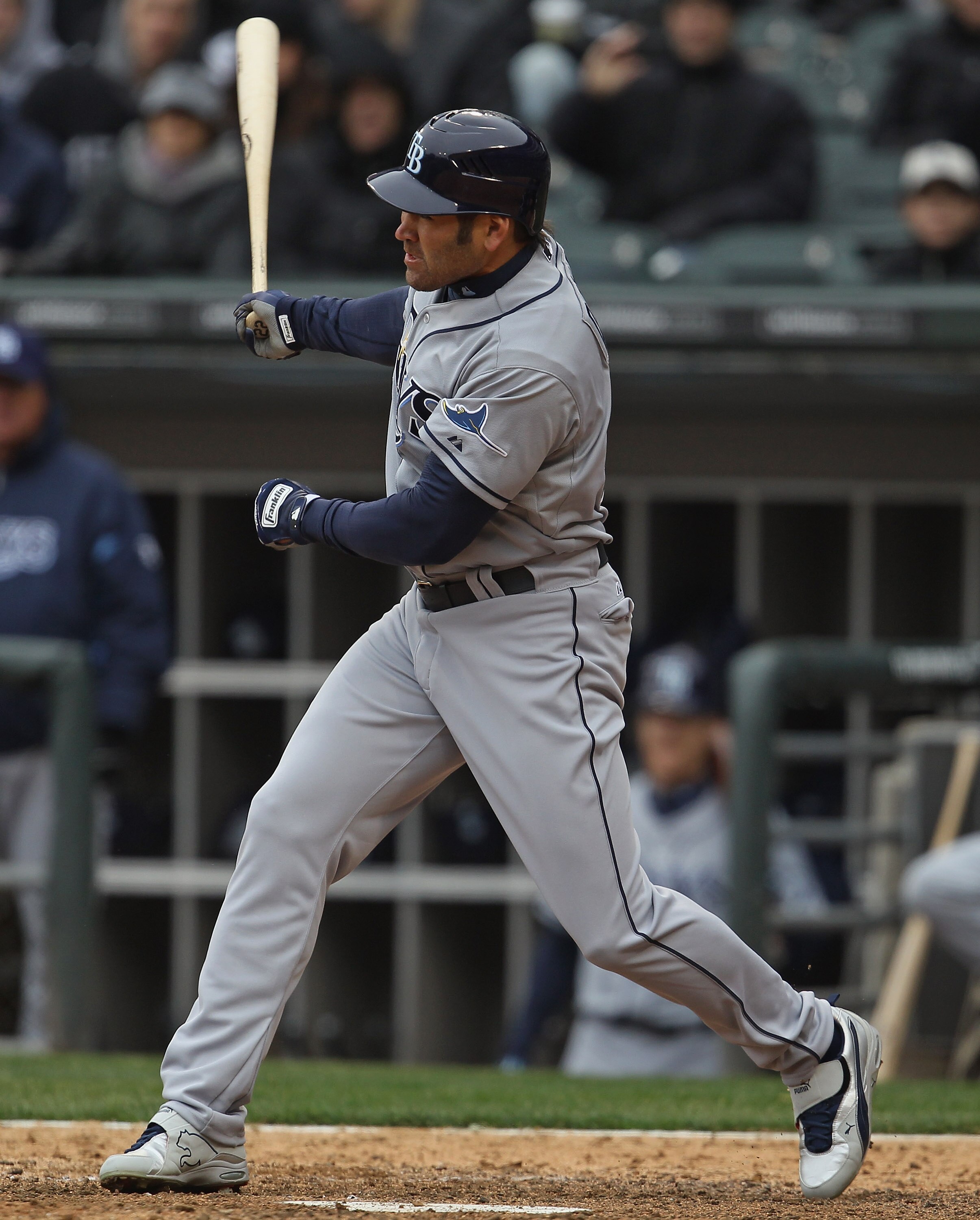 CHICAGO, IL - APRIL 07: Johnny Damon #22 of the Tampa Bay Rays hits the ball against the Chicago White Sox during the home opener at U.S. Cellular Field on April 7, 2011 in Chicago, Illinois. The White Sox defeated the Rays 5-1. (Photo by Jonathan Daniel/