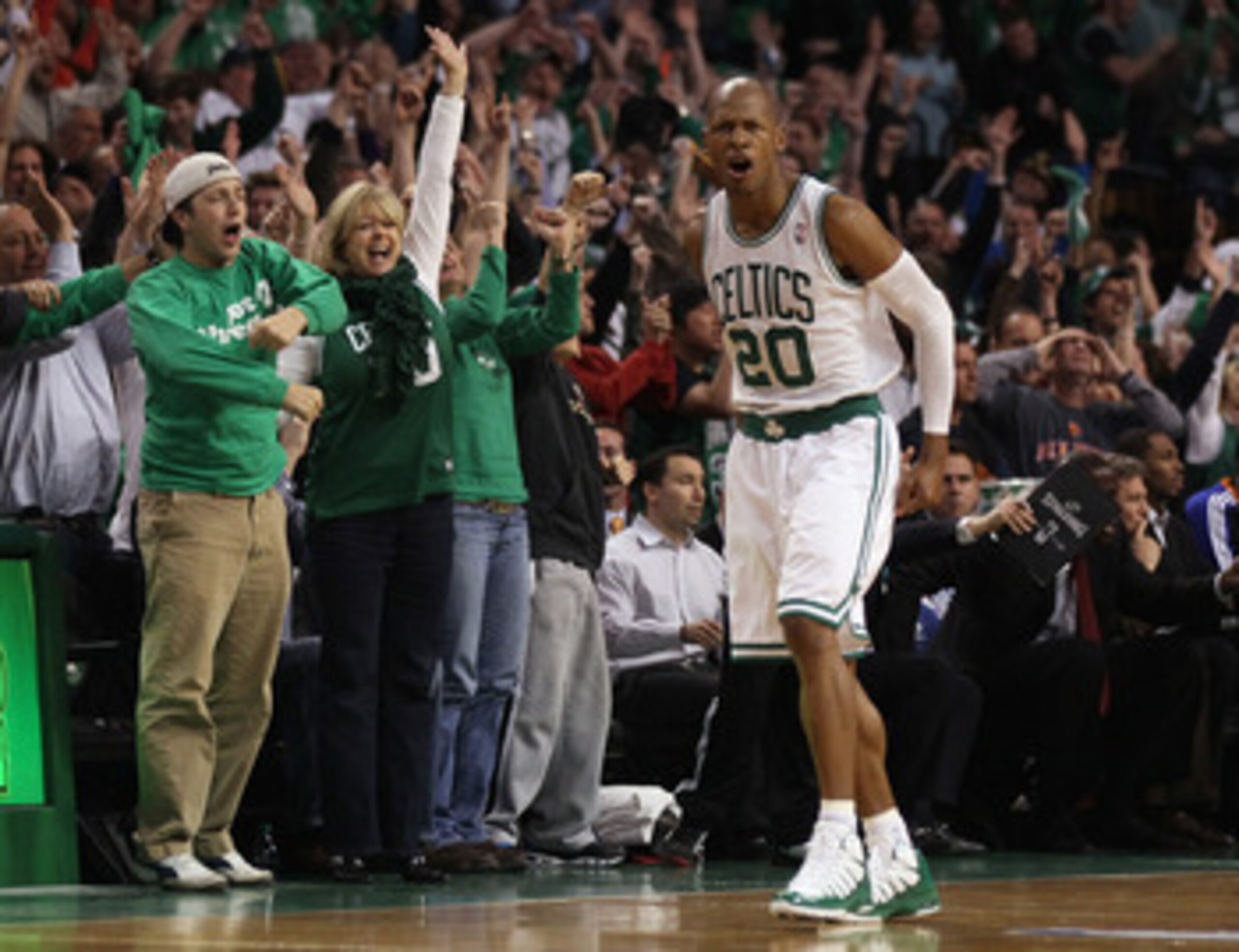 BOSTON, MA - APRIL 17:  Ray Allen #20 of the Boston Celtics celebrates his game winning basket in the final seconds of the game against the New York Knicks in Game One of the Eastern Conference Quarterfinals in the 2011 NBA Playoffs on April 17, 2011 at t