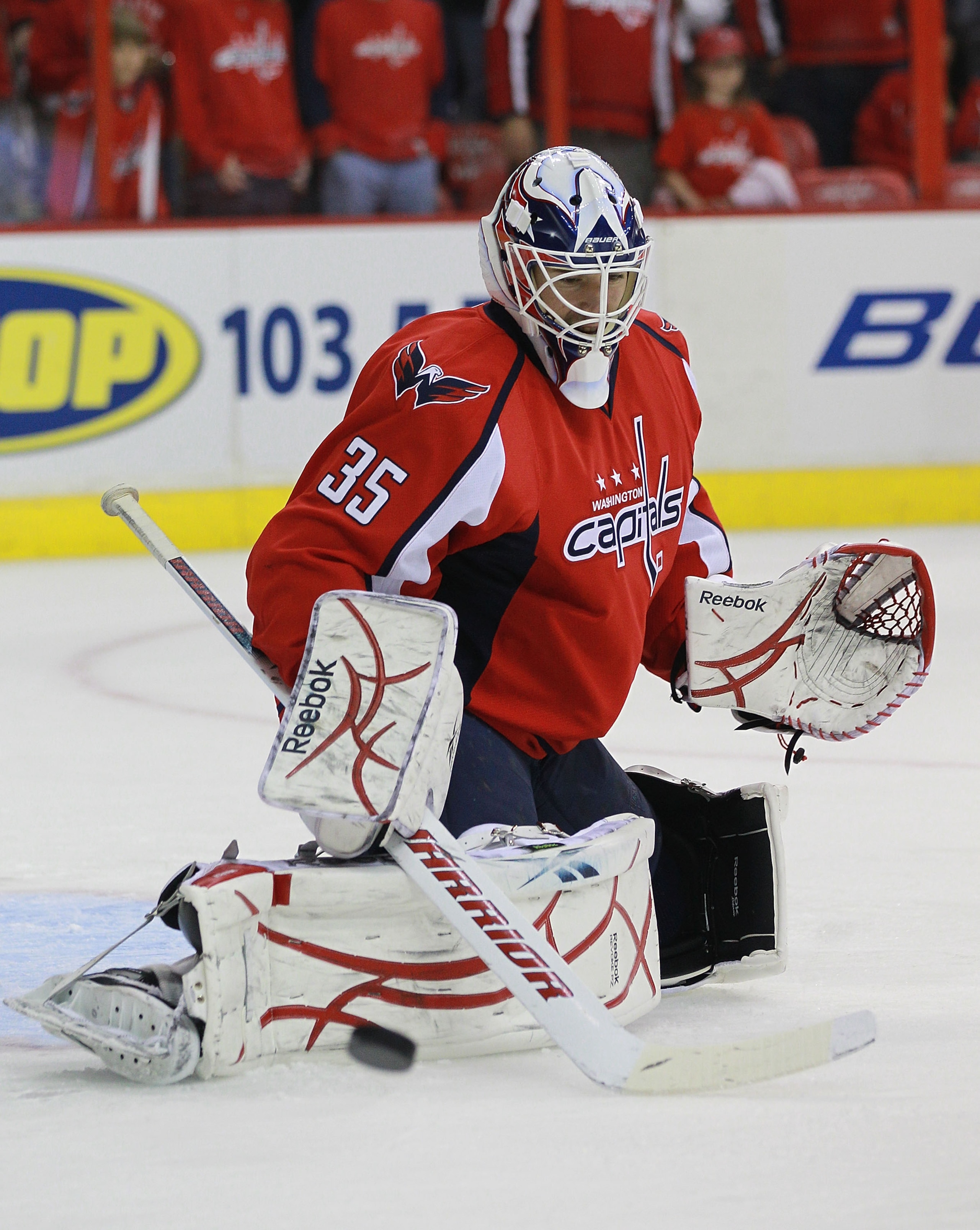 WASHINGTON - OCTOBER 13: Goaltender Dany Sabourin #35 of the Washington Capitals warms up for a game against the New York Islanders at the Verizon Center on October 13, 2010 in Washington, DC. (Photo by Bruce Bennett/Getty Images) WASHINGTON - OCTOBER 13: Goaltender Dany Sabourin #35 of the Washington Capitals warms up for a game against the New York Islanders at the Verizon Center on October 13, 2010 in Washington, DC. (Photo by Bruce Bennett/Getty Images)