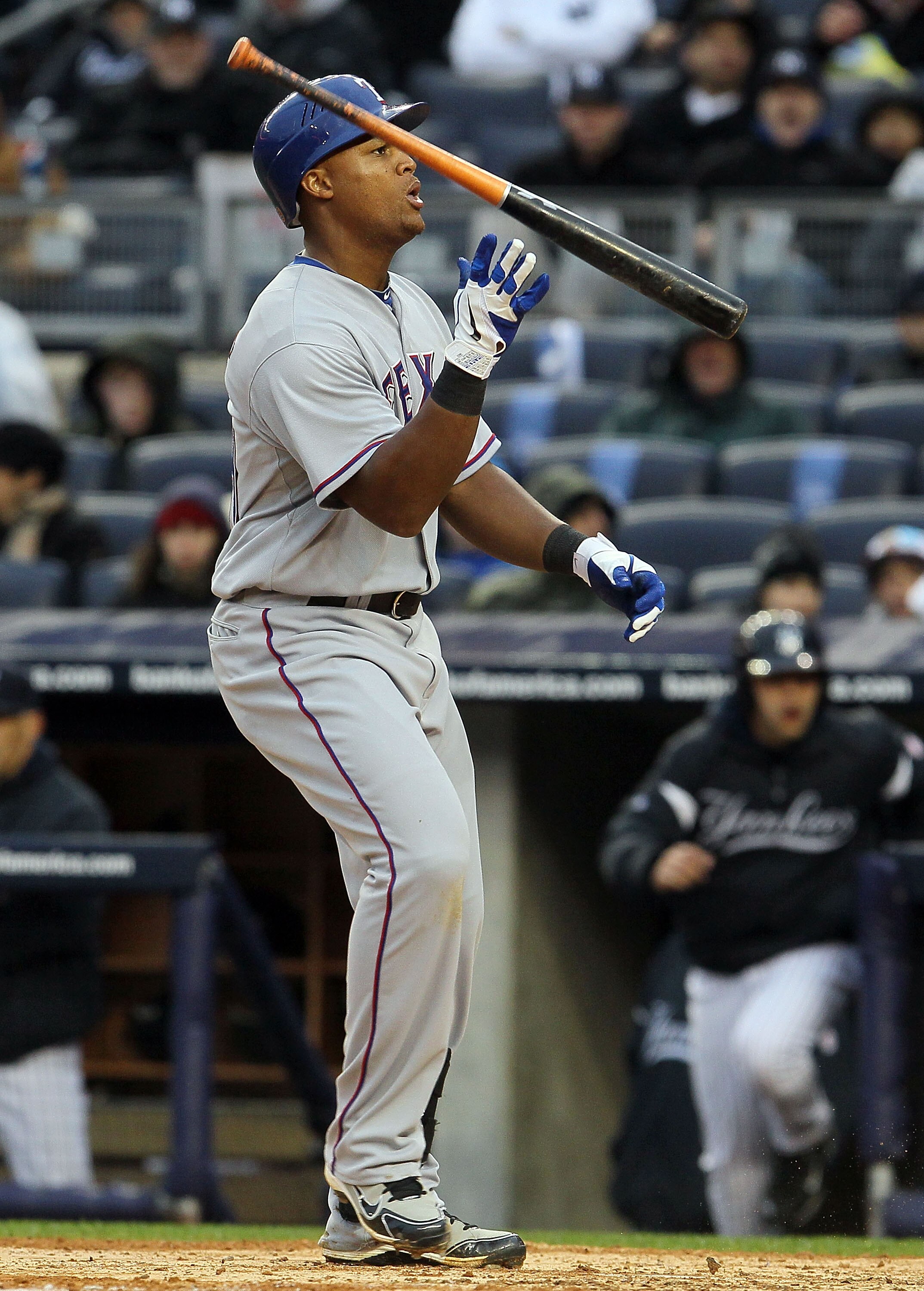 NEW YORK, NY - APRIL 16:  Adrian Beltre #29 of the Texas Rangers reacts to a swing and miss in the eighth inning against the New York Yankees on April 16, 2011 at Yankee Stadium in the Bronx borough of New York City. The Yankees defeated the Rangers 5-2. 