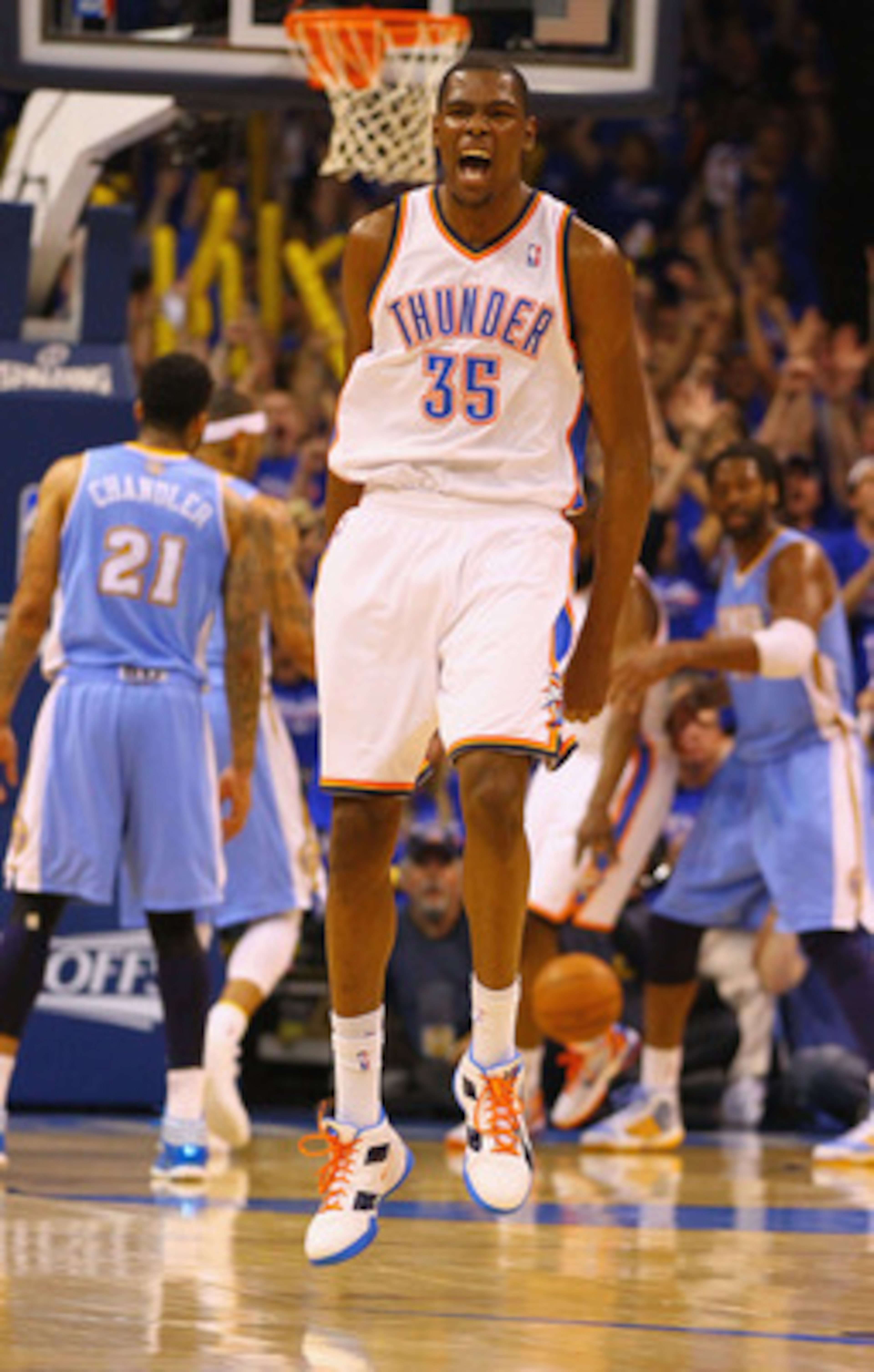 OKLAHOMA CITY, OK - APRIL 17: Kevin Durant #35 of the Oklahoma City Thunder celebrates a three-point shot against the Denver Nuggets in Game One of the Western Conference Quarterfinals in the 2011 NBA Playoffs on April 17, 2011 at the Ford Center in Oklah