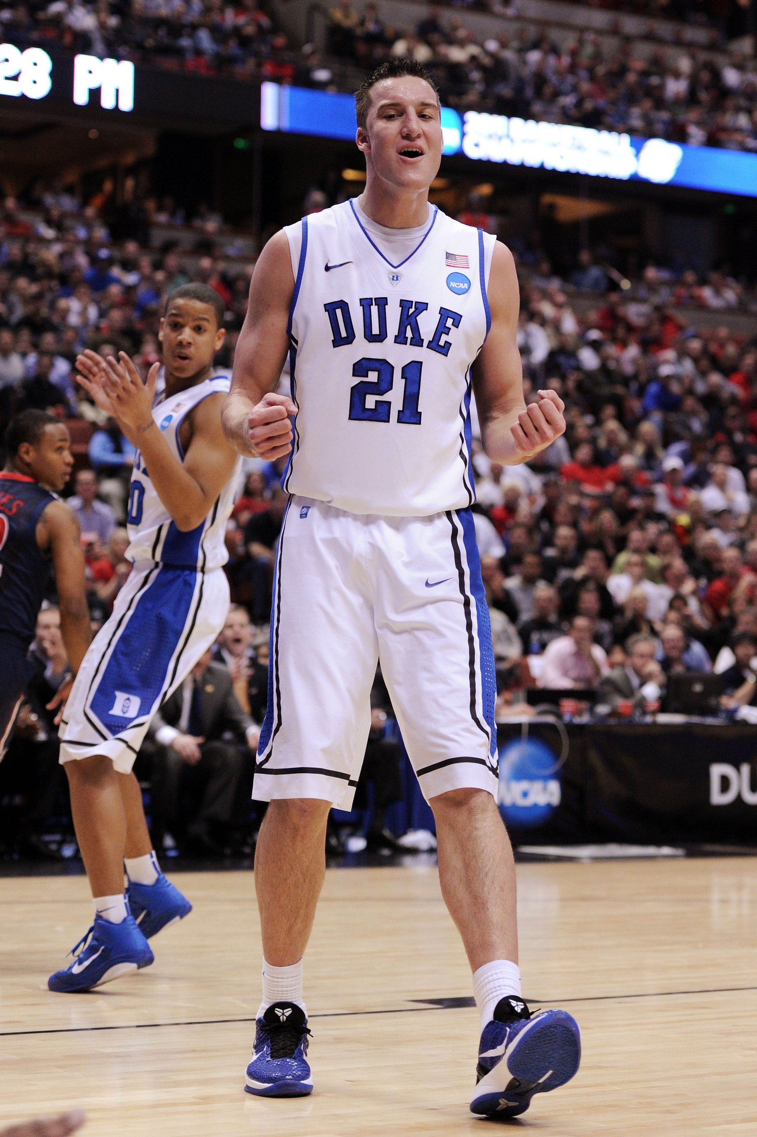 ANAHEIM, CA - MARCH 24: Miles Plumlee #21 of the Duke Blue Devils reacts against the Arizona Wildcats during the west regional semifinal of the 2011 NCAA men's basketball tournament at the Honda Center on March 24, 2011 in Anaheim, California. (Photo by ANAHEIM, CA - MARCH 24: Miles Plumlee #21 of the Duke Blue Devils reacts against the Arizona Wildcats during the west regional semifinal of the 2011 NCAA men's basketball tournament at the Honda Center on March 24, 2011 in Anaheim, California. (Photo by