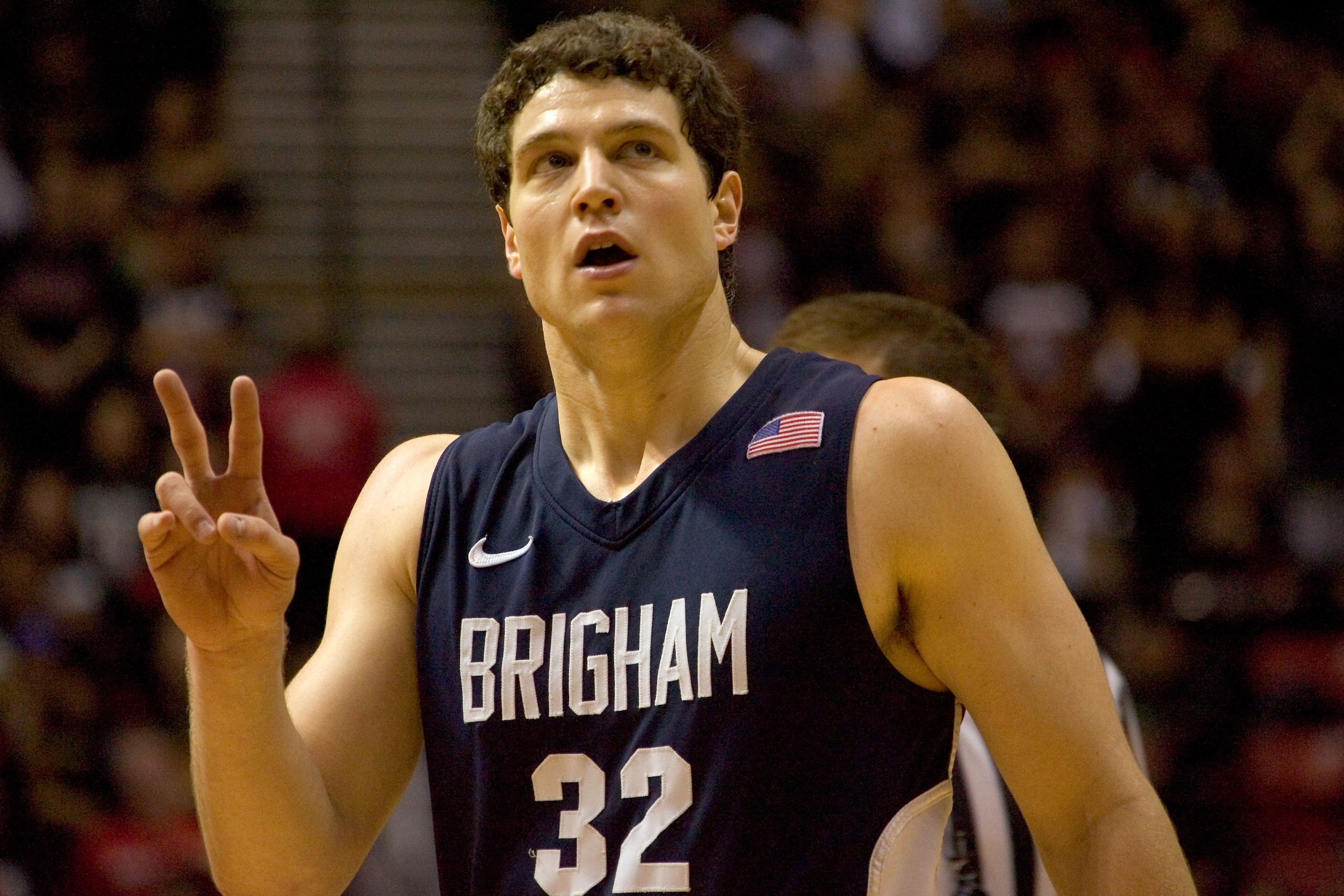 SAN DIEGO, CA - FEBRUARY 26: Jimmer Fredette #32 of the Brigham Young Cougars reacts to being fouled against the San Diego State Aztecs during the second half at Cox Arena on February 26, 2011 in San Diego, California. BYU beat SDSU 80-67. (Photo by Kent SAN DIEGO, CA - FEBRUARY 26: Jimmer Fredette #32 of the Brigham Young Cougars reacts to being fouled against the San Diego State Aztecs during the second half at Cox Arena on February 26, 2011 in San Diego, California. BYU beat SDSU 80-67. (Photo by Kent
