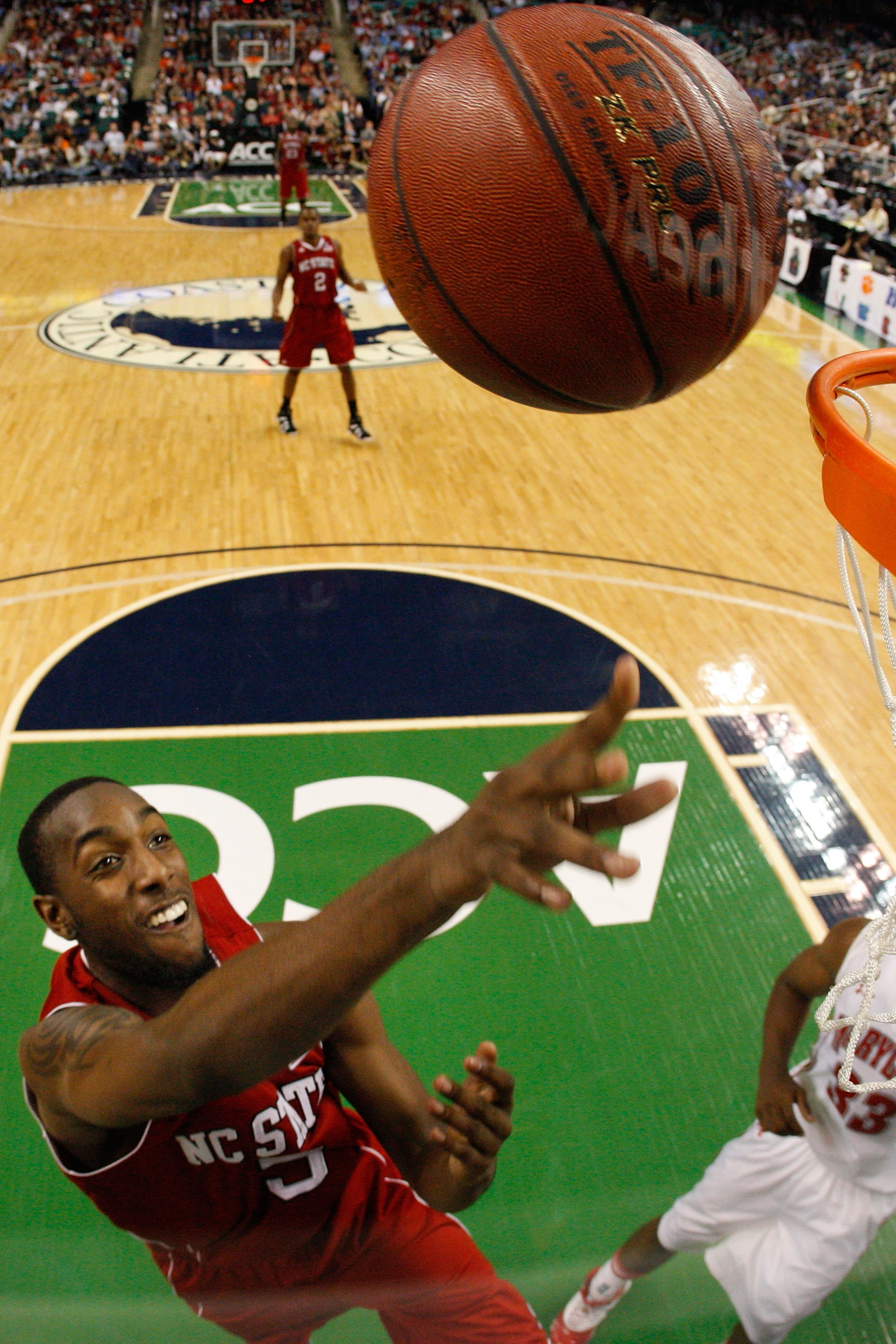 GREENSBORO, NC - MARCH 10:  C.J. Leslie #5 of the North Carolina State Wolfpack shoots against the Maryland Terrapins during the second half of the game in the first round of the 2011 ACC men's basketball tournament at the Greensboro Coliseum on March 10,