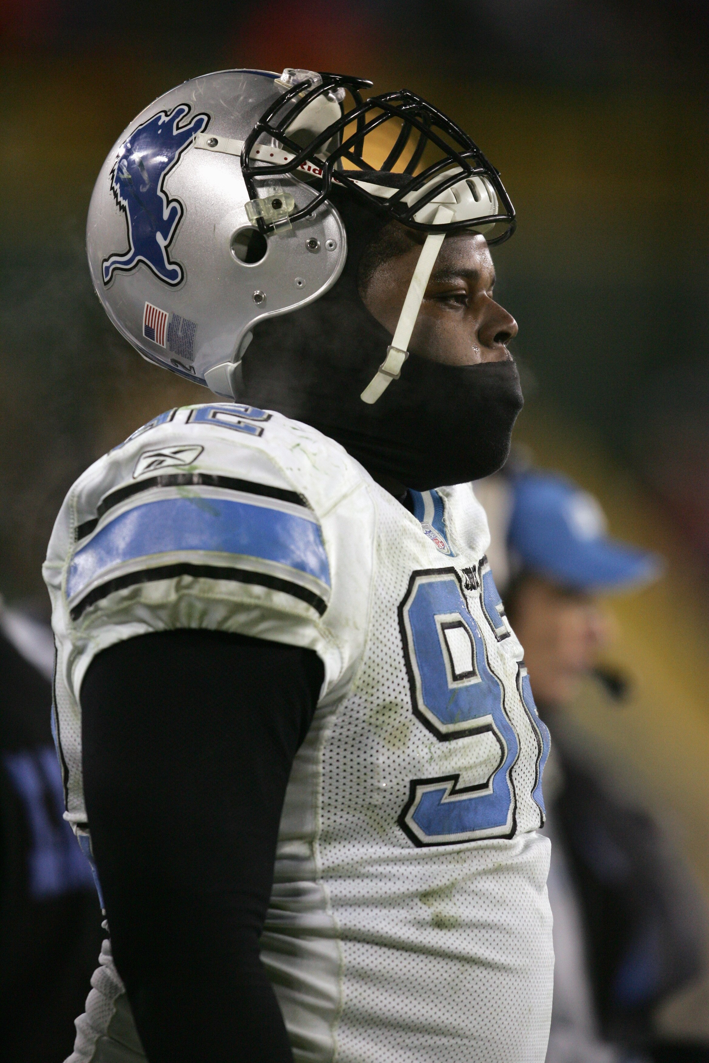 GREEN BAY, WI -DECEMBER 11: Shaun Rogers #93 of the Detroit Lions looks on during the game against the Green Bay Packers on December 11, 2005 at Lambeau Field in Green Bay, Wisconsin.  (Photo by Jonathan Daniel/Getty Images)