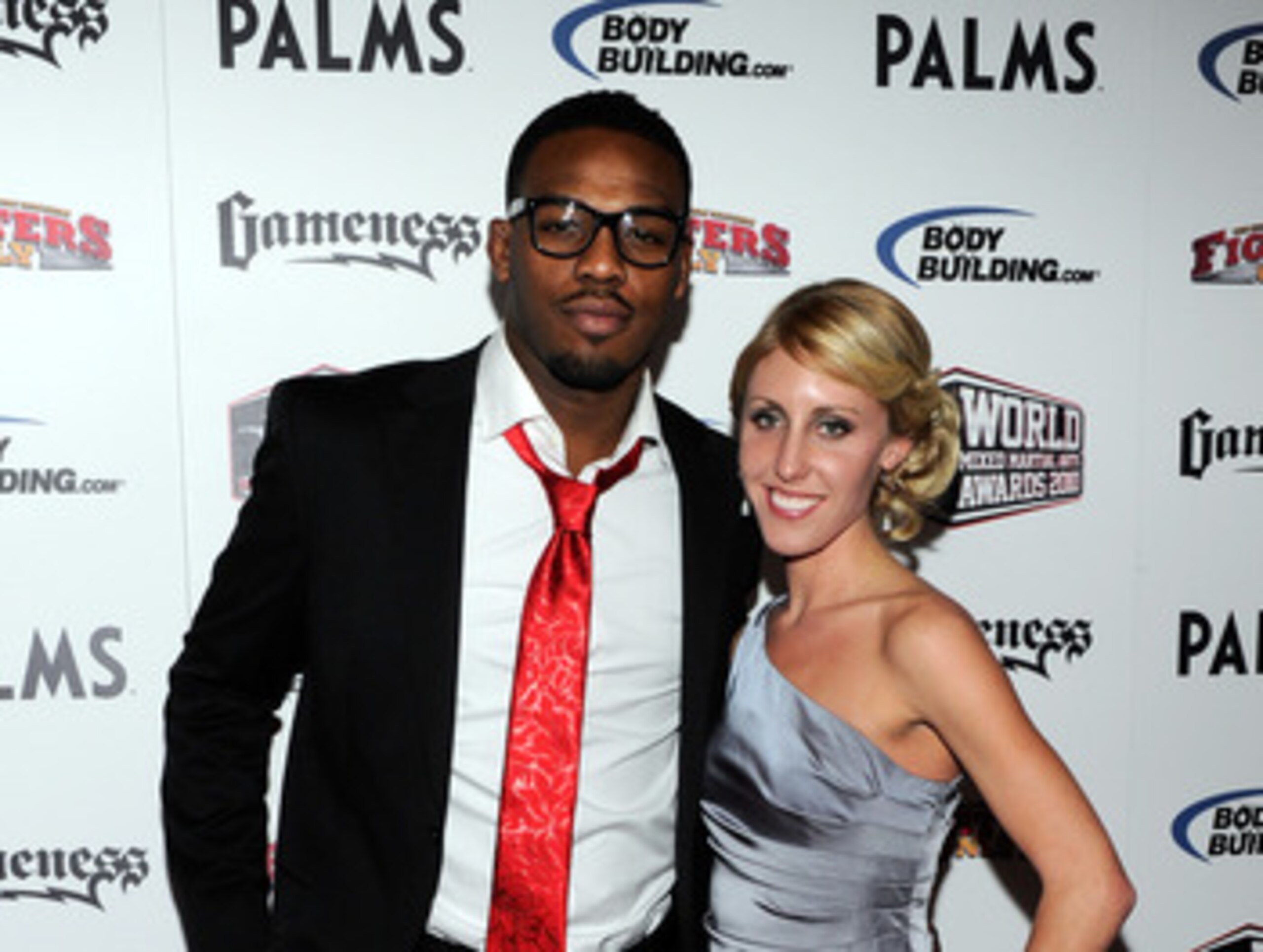 LAS VEGAS, NV - DECEMBER 01:  Mixed martial artist Jon Jones (L) and his girlfriend Jessie Moses arrive at the third annual Fighters Only World Mixed Martial Arts Awards 2010 at the Palms Casino Resort December 1, 2010 in Las Vegas, Nevada.  (Photo by Eth
