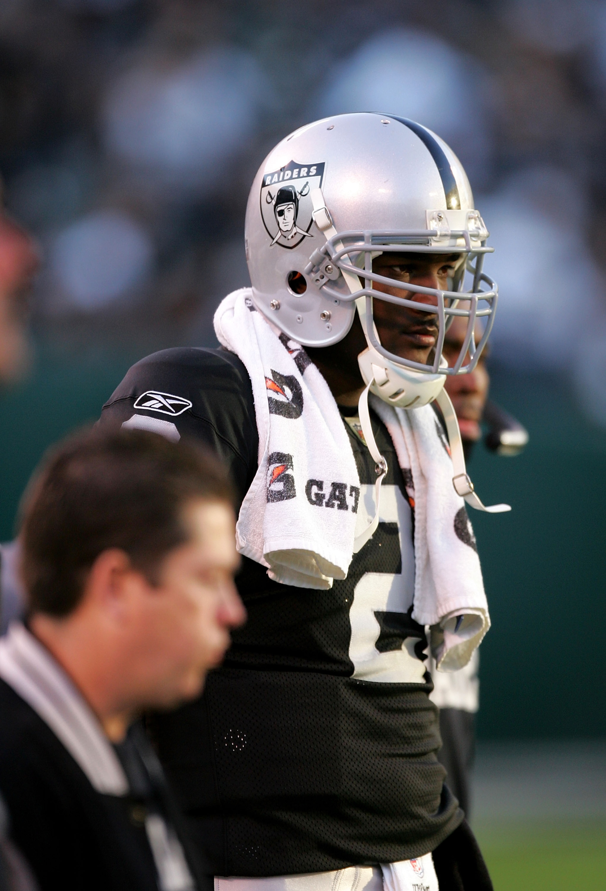 OAKLAND, CA - NOVEMBER 15:  JaMarcus Russell #2 of the Oakland Raiders stands on the sidelines after being taken out of their game against the Kansas City Chiefs at Oakland-Alameda County Coliseum on November 15, 2009 in Oakland, California.  (Photo by Ez