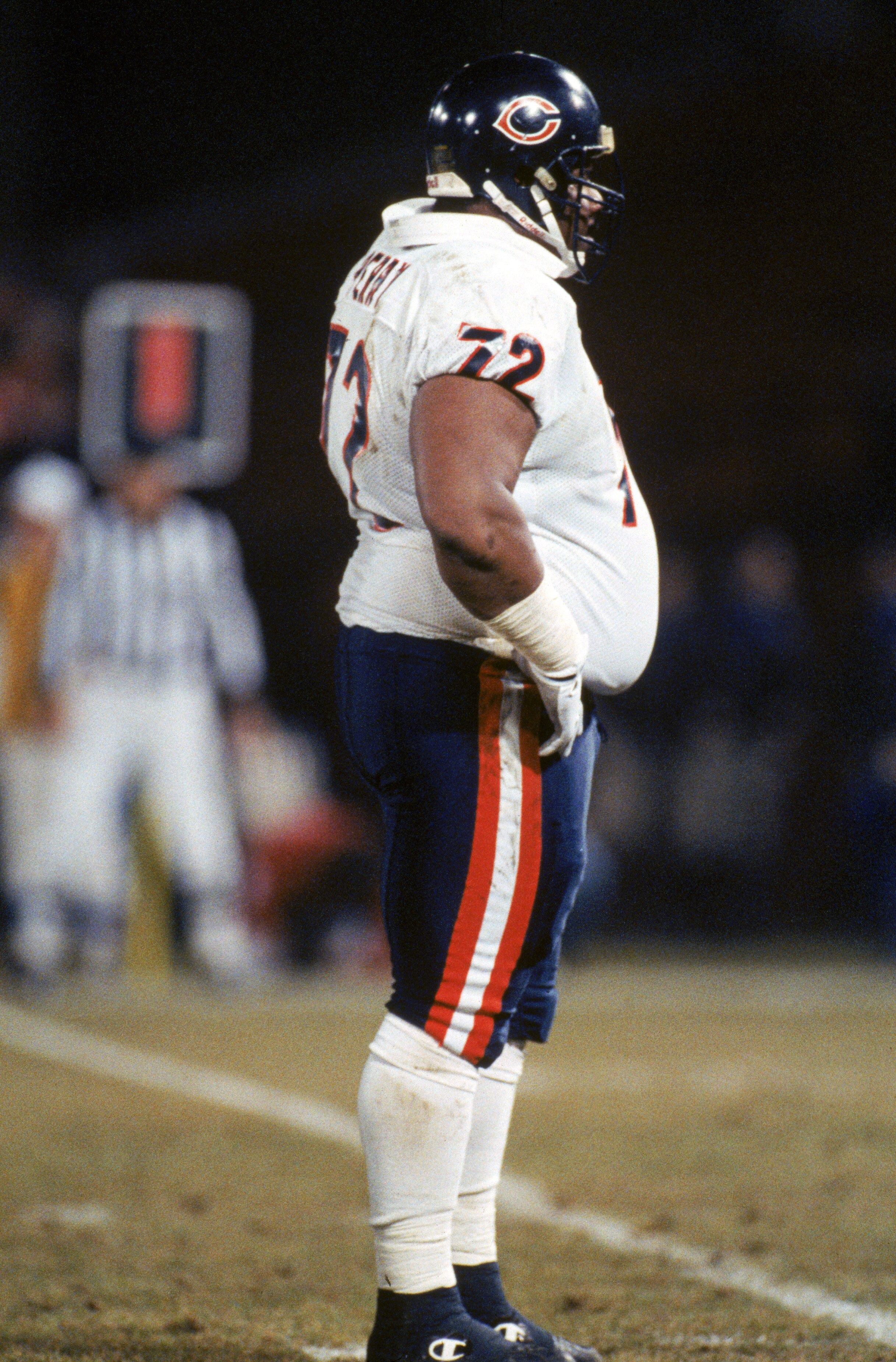 SAN FRANCISCO - DECEMBER 23:  Defensive tackle William Perry #72 of the Chicago Bears looks on as he waits for play to resume during a game against the San Francisco 49ers at Candlestick Park on December 23, 1991 in San Francisco, California.  The 49ers w