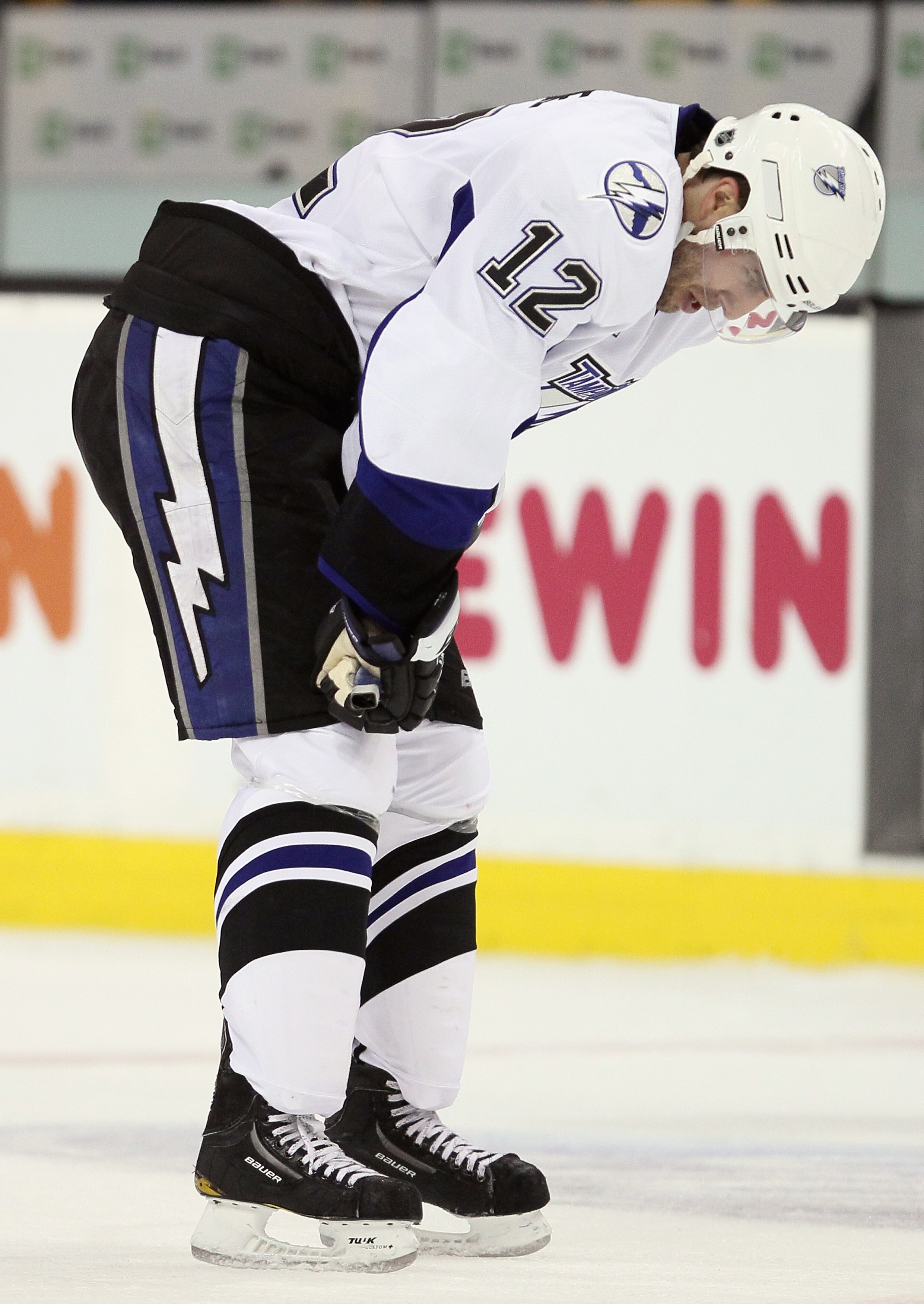 BOSTON, MA - MARCH 03:  Simon Gagne #12 of the Tampa Bay Lightning reacts after the loss to the Boston Bruins on March 3, 2011 at the TD Garden in Boston, Massachusetts. The Boston Bruins defeated the Tampa Bay Lightning 2-1.  (Photo by Elsa/Getty Images)