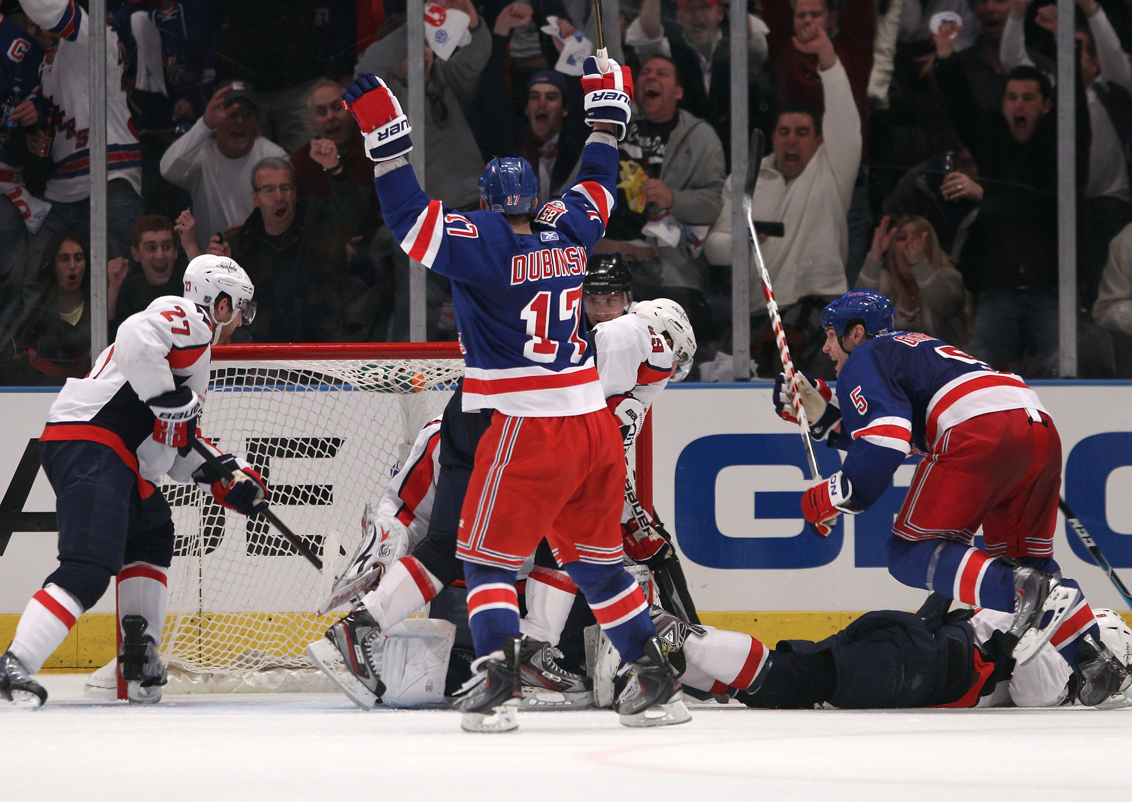 NEW YORK, NY - APRIL 17: Brandon Dubinsky #17 of the New York Rangers celebrates after he scored the game-winning goal late in the third period against the Washington Capitals in Game Three of the Eastern Conference Quarterfinals during the 2011 NHL Stanl