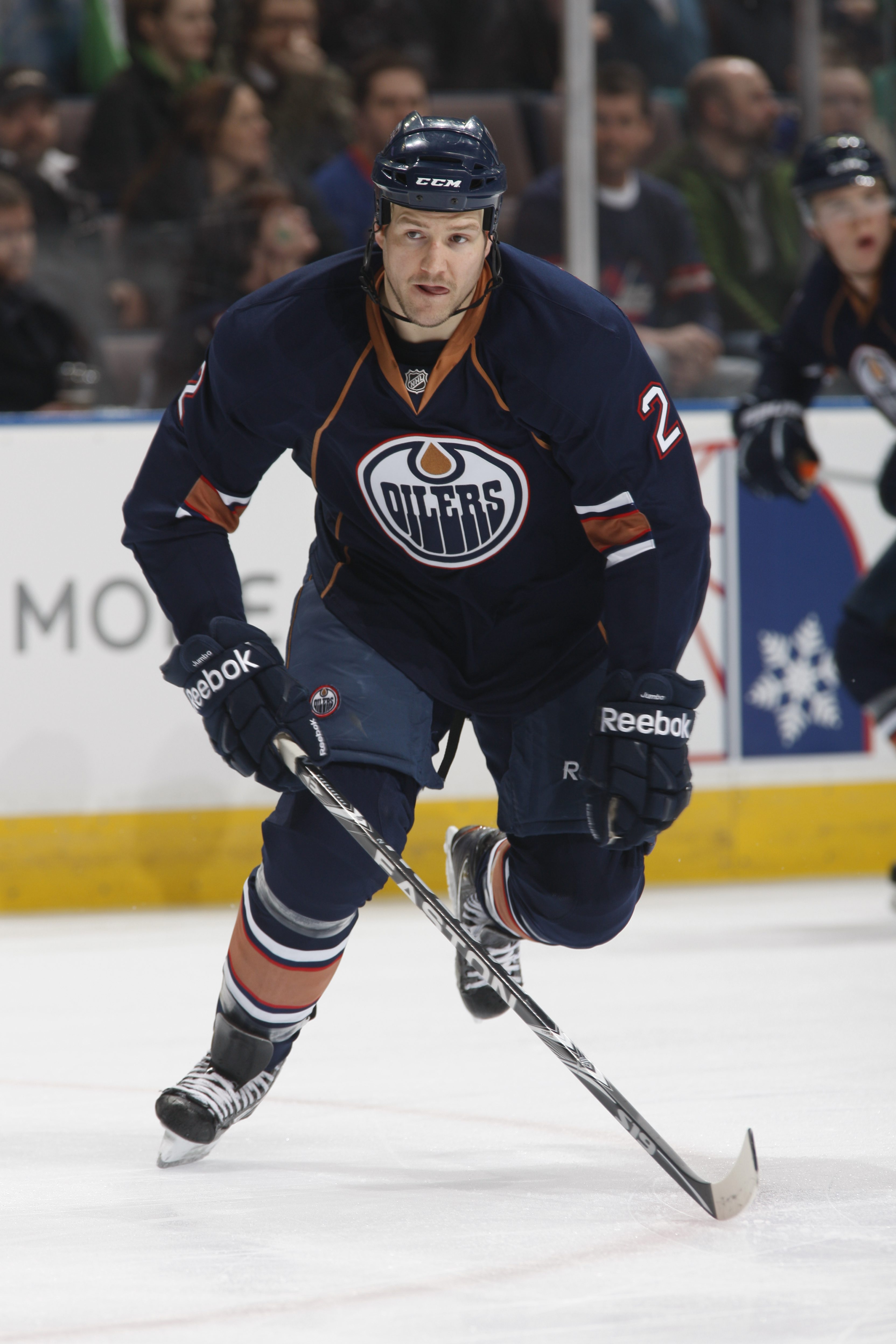 EDMONTON, CANADA - MARCH 17: Jim Vandermeer #2 of the Edmonton Oilers skates against the Phoenix Coyotes on March 17, 2011 at Rexall Place in Edmonton, Alberta, Canada. (Photo by Dale MacMillan/Getty Images)