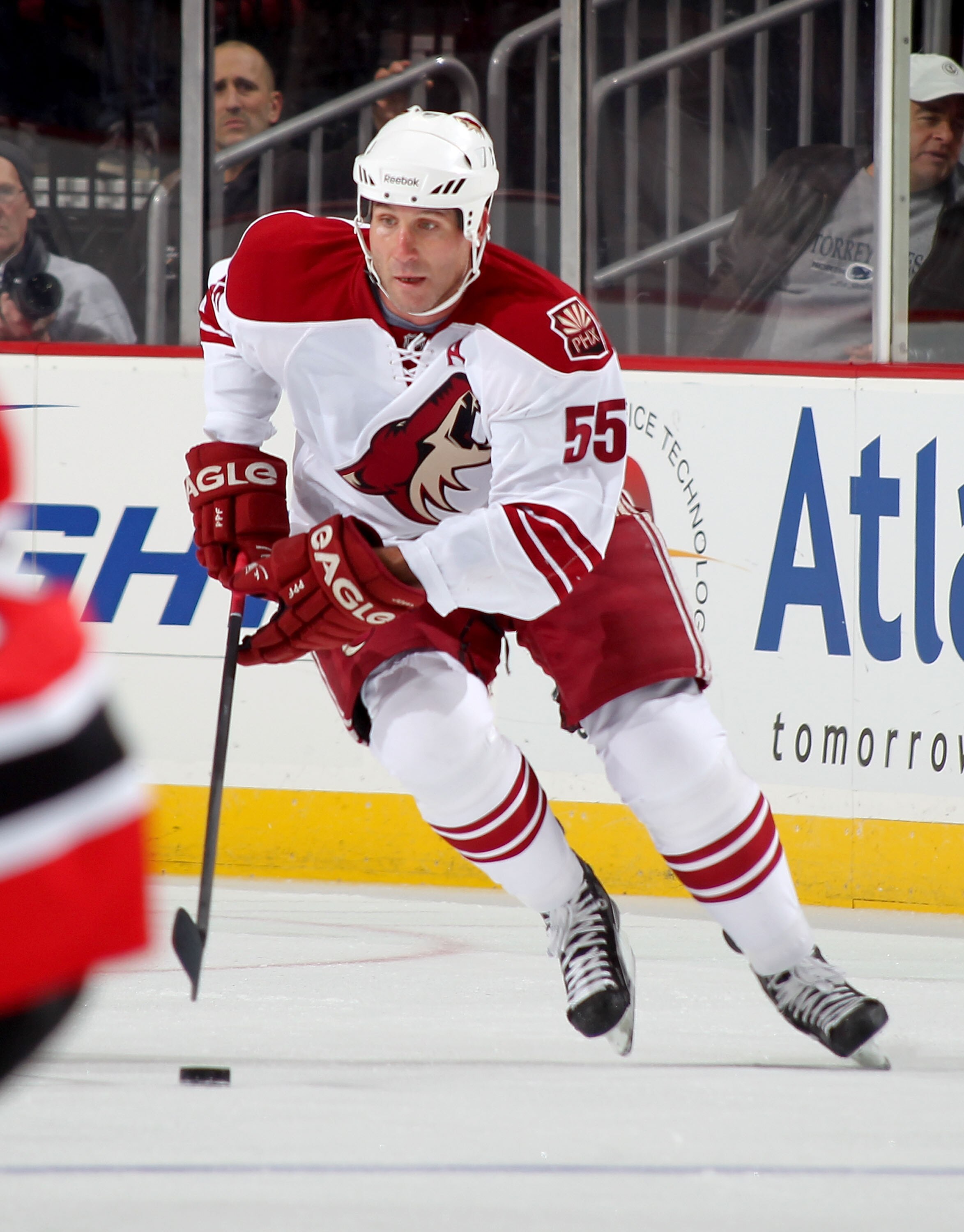 NEWARK, NJ - DECEMBER 15:  Ed Jovanovski #55 of the Phoenix Coyotes skates during a hockey game against the New Jersey Devils at the Prudential Center on December 15, 2010 in Newark, New Jersey.  (Photo by Paul Bereswill/Getty Images)