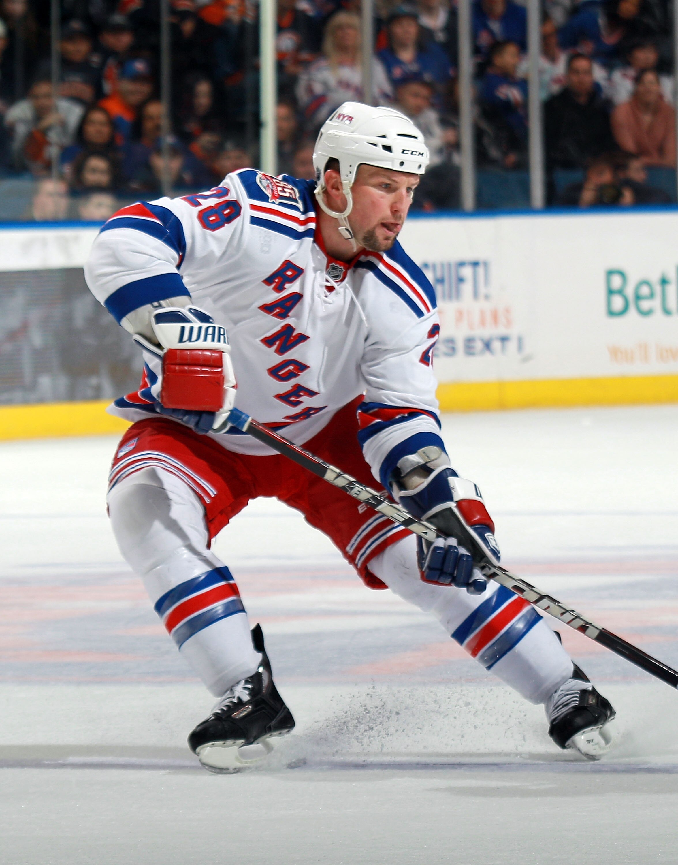 UNIONDALE, NY - MARCH 31:  Bryan McCabe #28 of the New York Rangers skates against the New York Islanders at the Nassau Coliseum on March 31, 2011 in Uniondale, New York.  (Photo by Bruce Bennett/Getty Images)