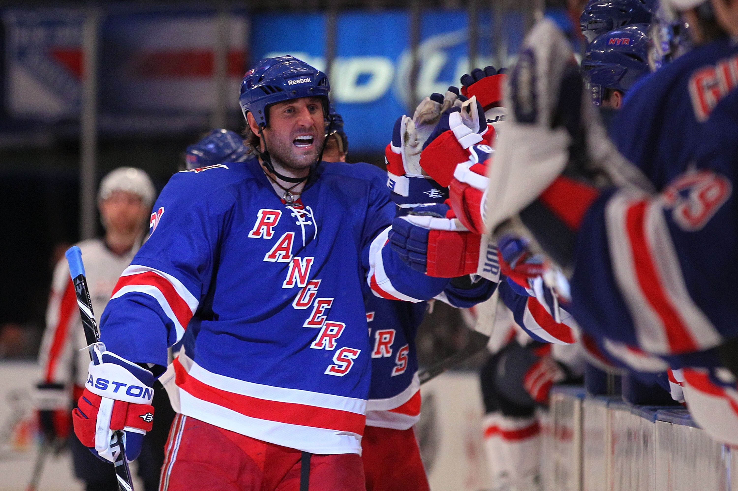 NEW YORK, NY - APRIL 17:  Vaclav Prospal #20 of the New York Rangers celebrates with teammates after he scored a third period goal against the Washington Capitals in Game Three of the Eastern Conference Quarterfinals during the 2011 NHL Stanley Cup Playof