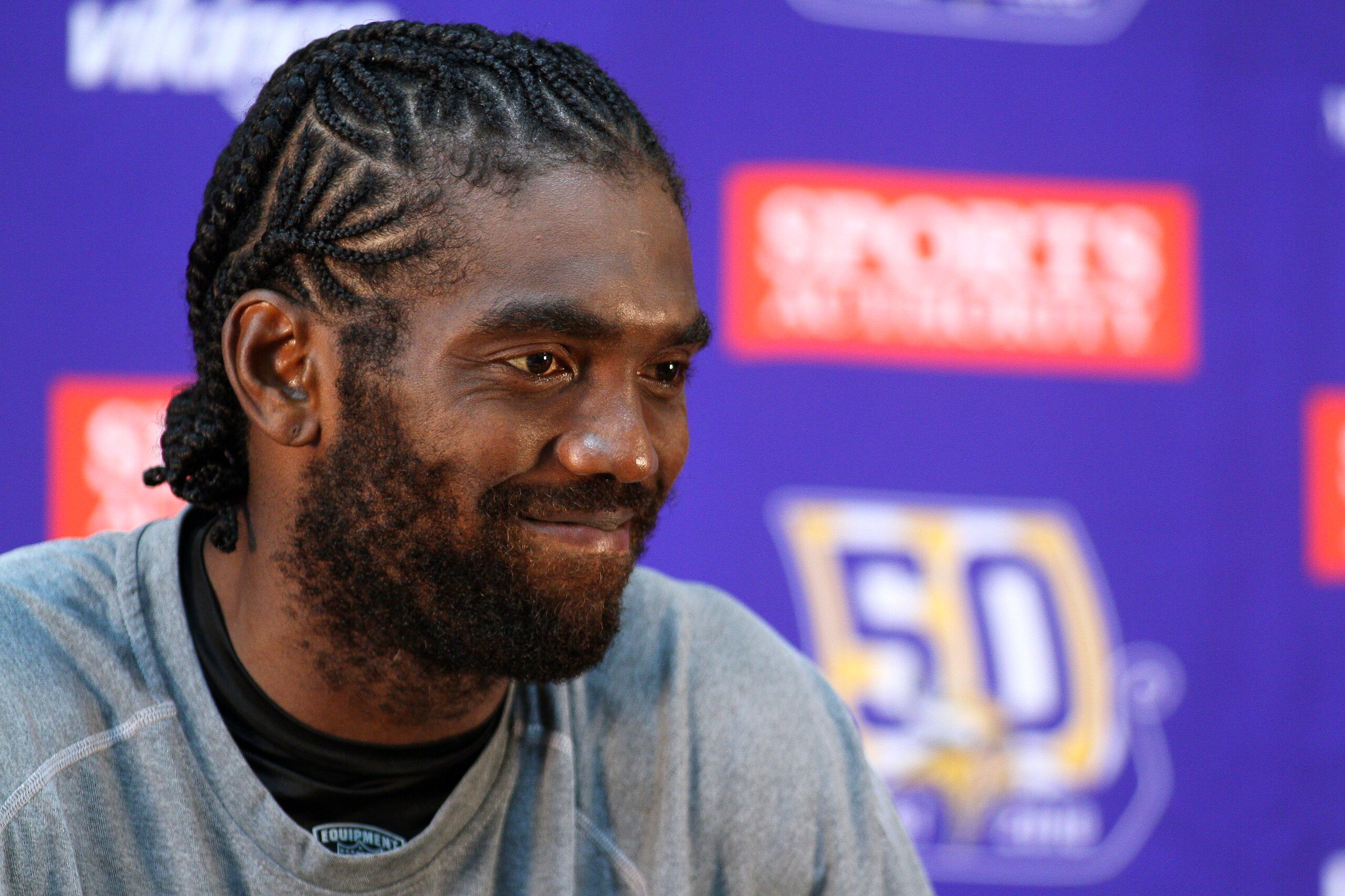 EDEN PRAIRIE, MN - OCTOBER 7:  Minnesota Vikings wide receiver Randy Moss answers questions from the media during a press conference at Winter Park on October 7, 2010 in Eden Prairie, Minnesota.  (Photo by Adam Bettcher/Getty Images)