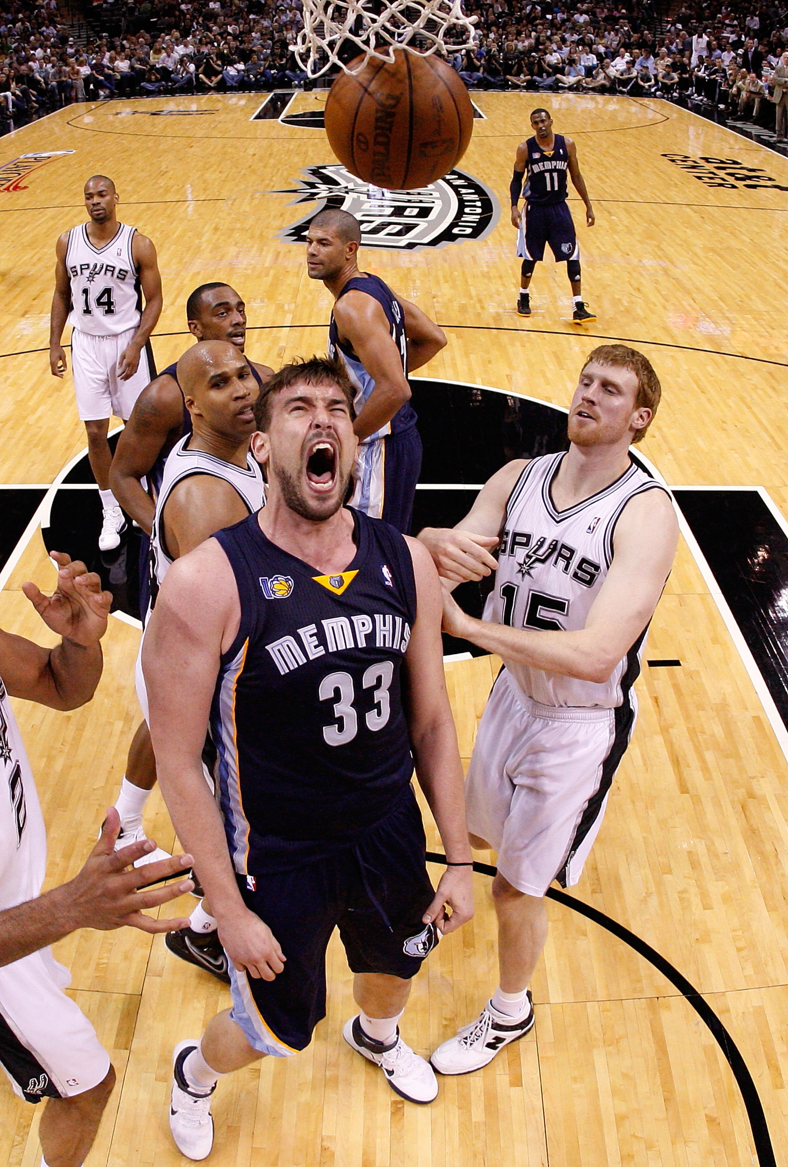 SAN ANTONIO, TX - APRIL 17:  Center Marc Gasol #33 of the Memphis Grizzlies reacts against the San Antonio Spurs in Game One of the Western Conference Quarterfinals in the 2011 NBA Playoffs on April 17, 2011 at AT&T Center in San Antonio, Texas.  NOTE TO