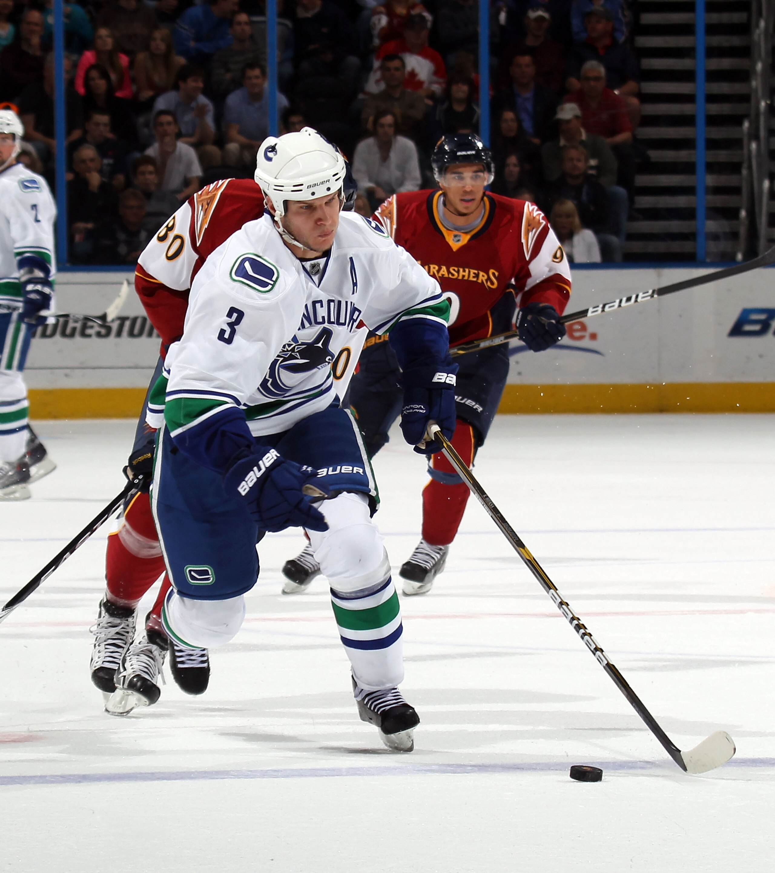 ATLANTA, GA - MARCH 25:  Kevin Bieksa #3 of the Vancouver Canucks skates against the Atlanta Thrashers at the Philips Arena on March 25, 2011 in Atlanta, Georgia.  (Photo by Bruce Bennett/Getty Images)