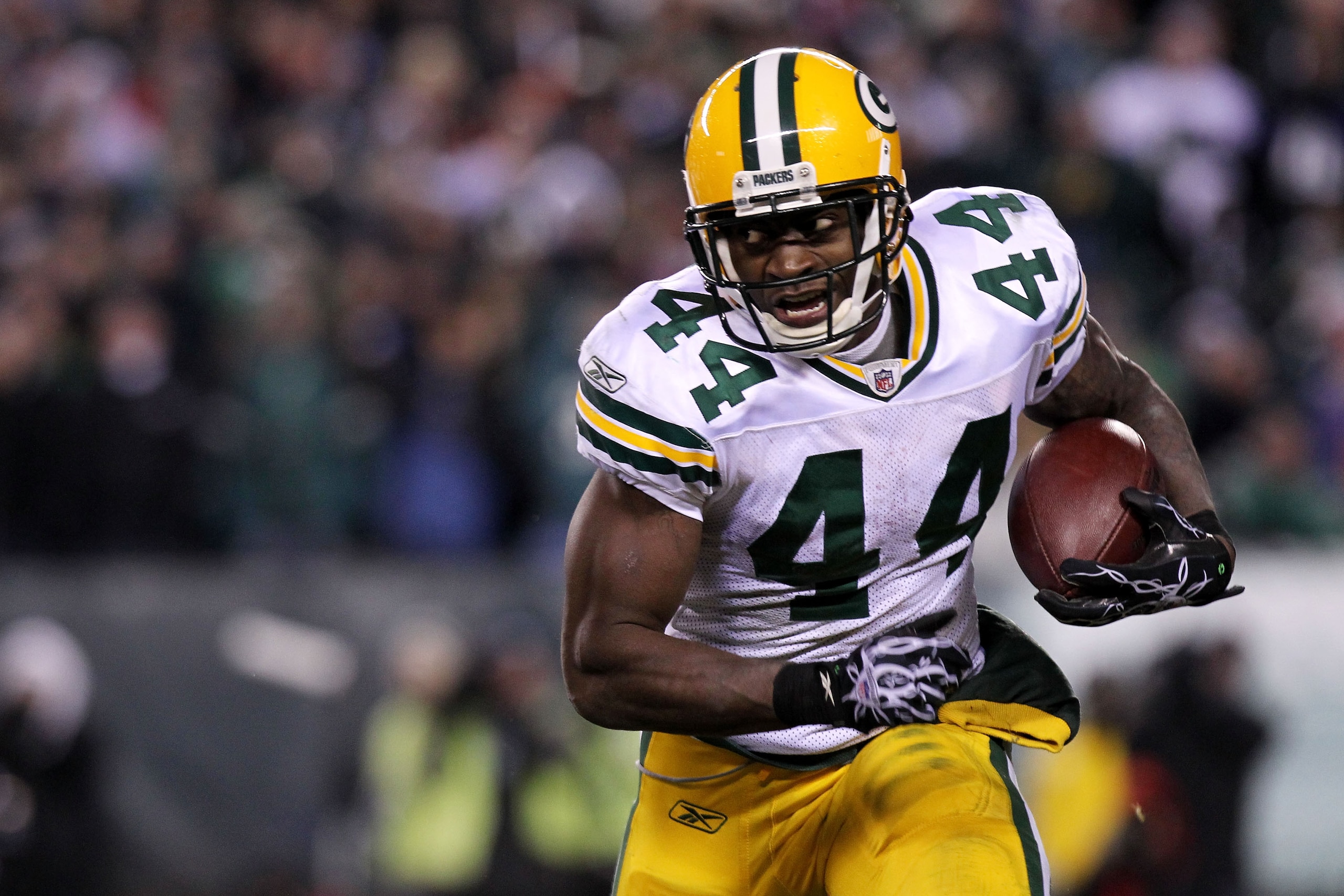 PHILADELPHIA, PA - JANUARY 09:  James Starks #44 of the Green Bay Packers runs down field against the Philadelphia Eagles during the 2011 NFC wild card playoff game at Lincoln Financial Field on January 9, 2011 in Philadelphia, Pennsylvania.  (Photo by Ni