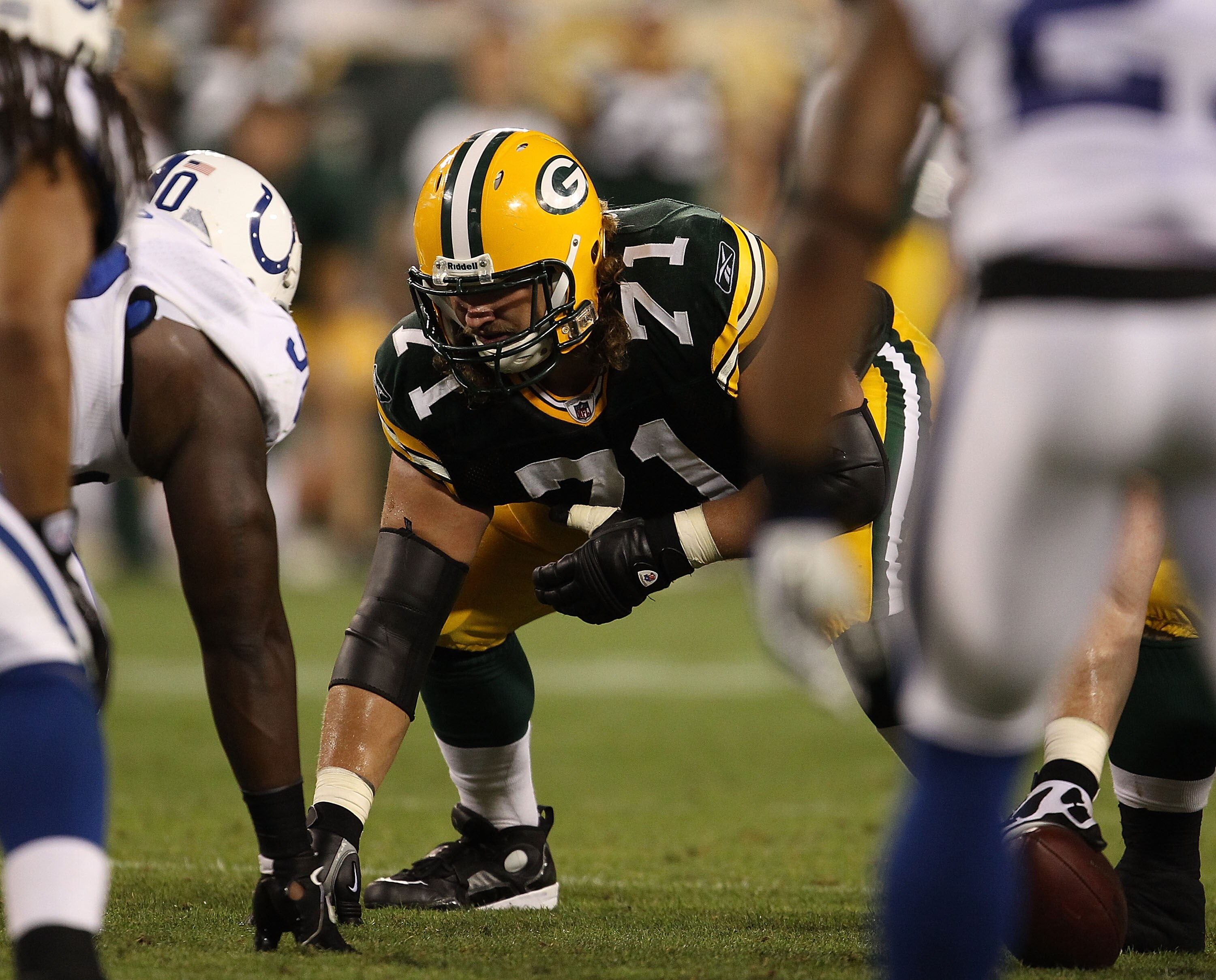 GREEN BAY, WI - AUGUST 26: Josh Sitton #71 of the Green Bay Packers awaits the start of play against the Indianapolis Colts during a preseason game at Lambeau Field on August 26, 2010 in Green Bay, Wisconsin. The Packers defeated the Colts 59-24.  (Photo