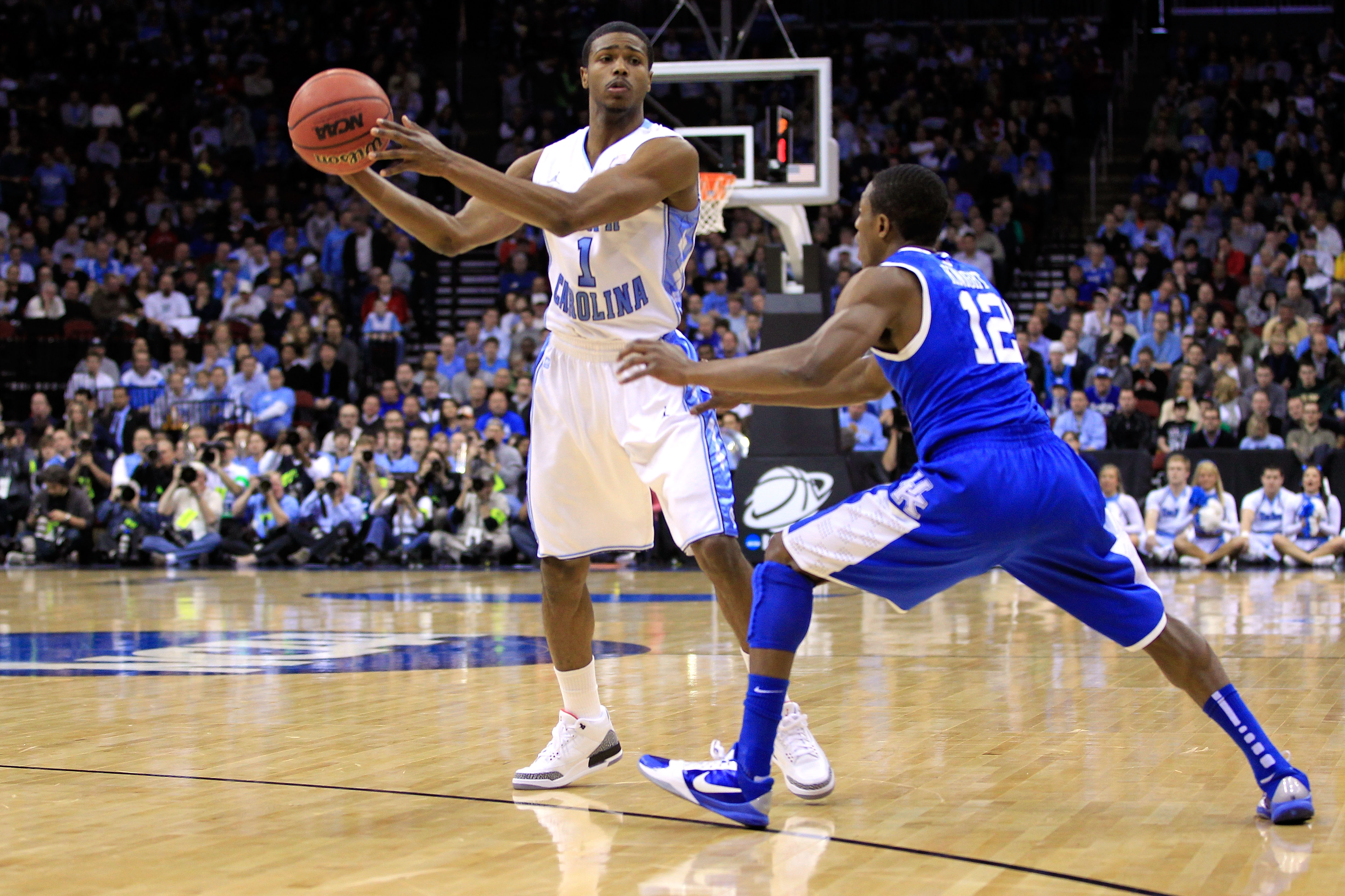 NEWARK, NJ - MARCH 27:  Dexter Strickland #1 of the North Carolina Tar Heels in action against Brandon Knight #12 of the Kentucky Wildcats during the east regional final of the 2011 NCAA men's basketball tournament at Prudential Center on March 27, 2011 i