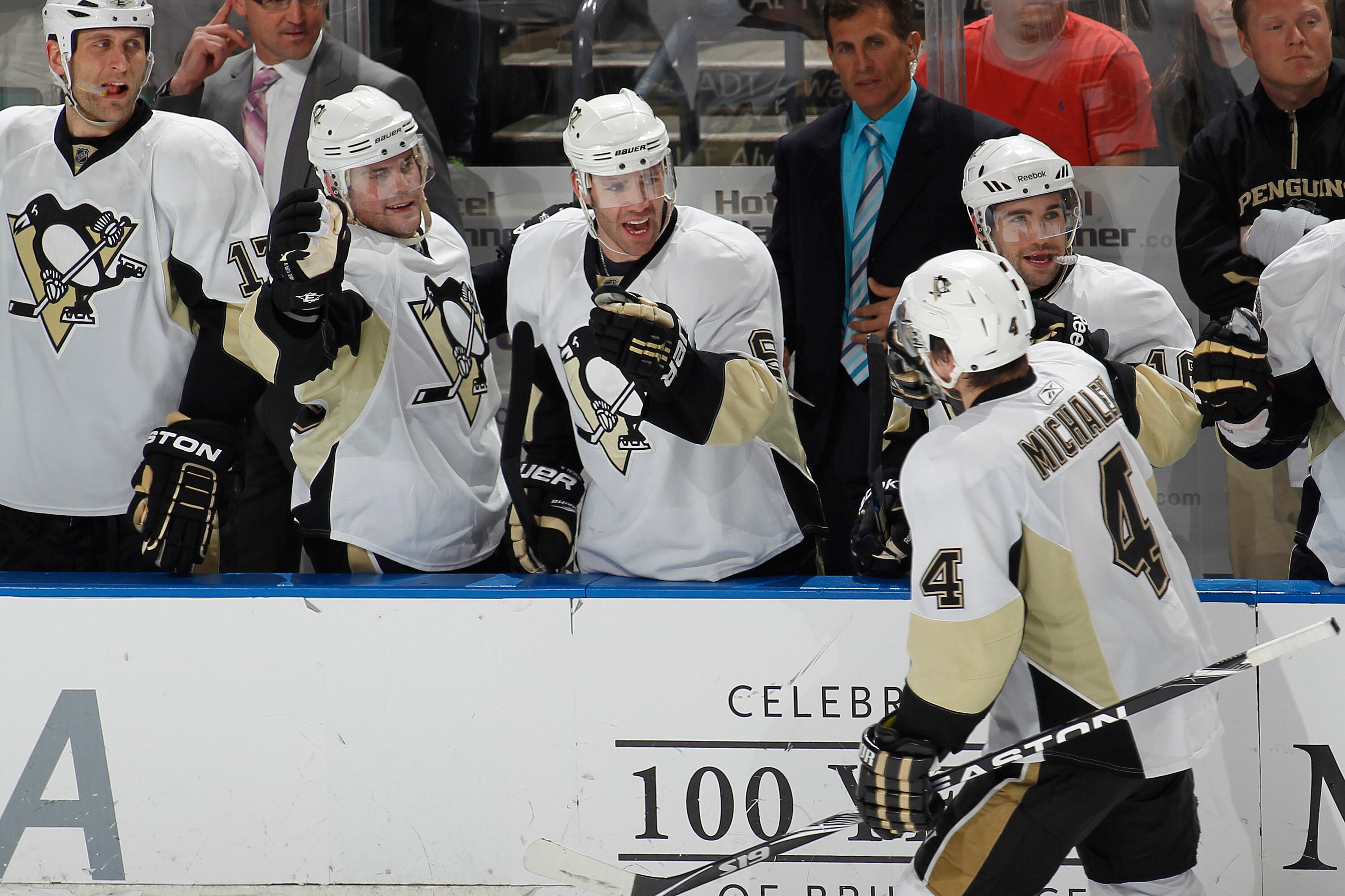 SUNRISE, FL - APRIL 2: Zbynek Michalek #4 of the Pittsburgh Penguins is congratulated by teammates after scoring the winning goal against the Florida Panthers on April 2, 2011 at the BankAtlantic Center in Sunrise, Florida. The Penguins defeated the Panth