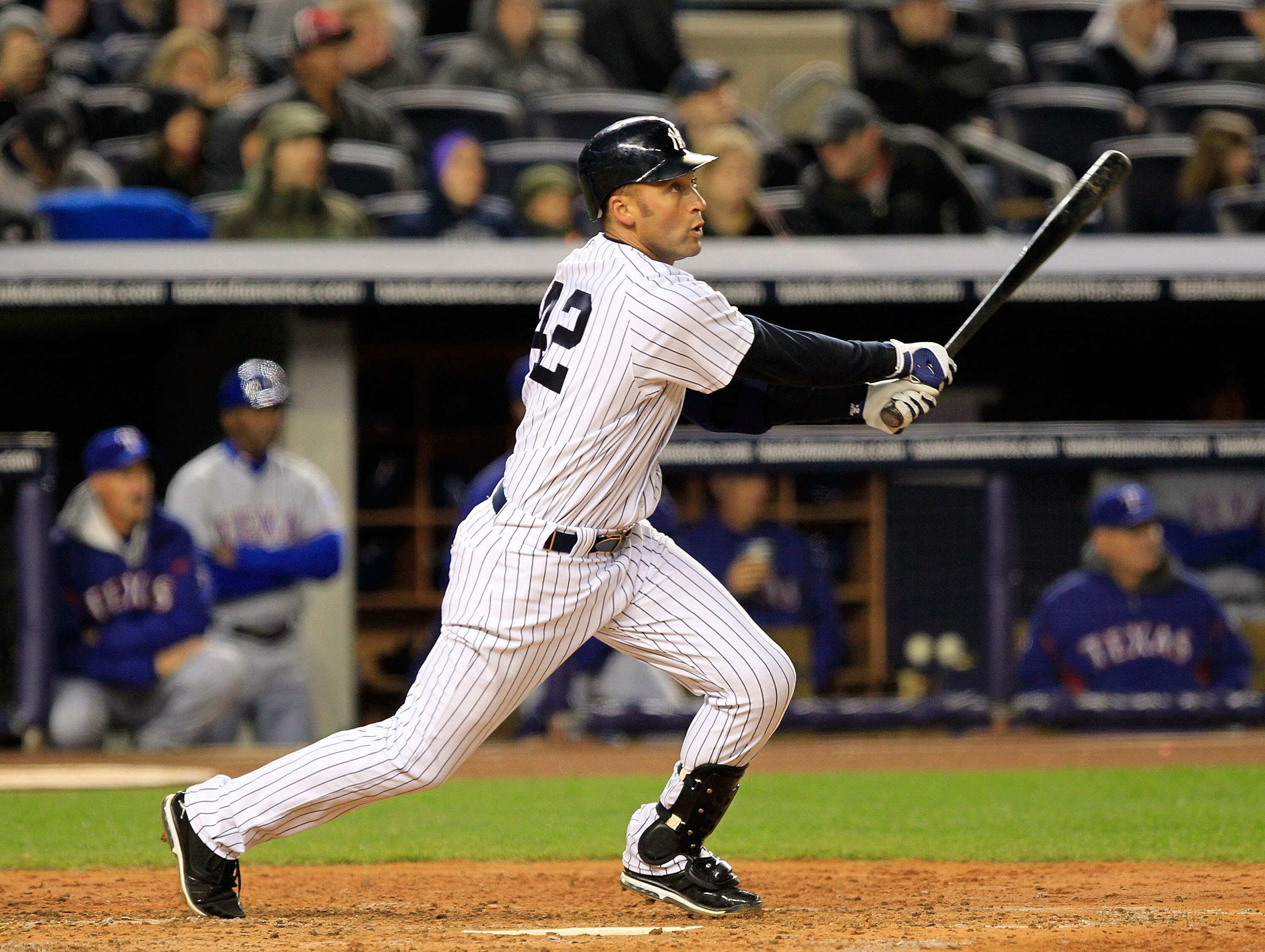 NEW YORK, NY - APRIL 15:  Derek Jeter of the New York Yankees flies out in the third inning against the Texas Rangers at Yankee Stadium on April 15, 2011 in the Bronx borough of New York City.  (Photo by Chris Trotman/Getty Images)