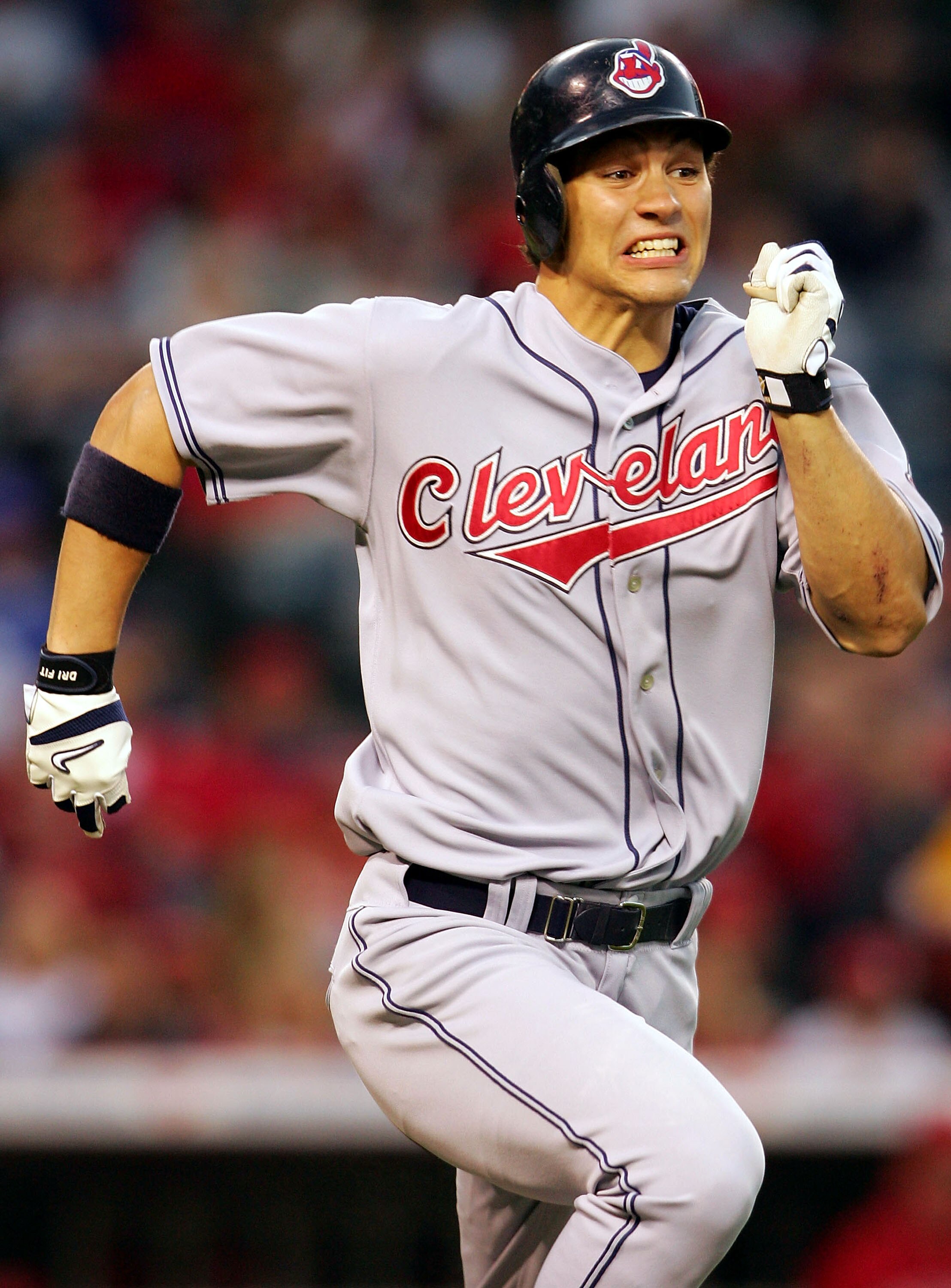 ANAHEIM, CA - MAY 9:  Grady Sizemore #24 of the Cleveland Indians runs to first base on a bunt in the second inning against the Los Angeles Angels of Anaheim at Angel Stadium May 9, 2005 in Anaheim, California.  (Photo by Nick Laham/Getty Images)
