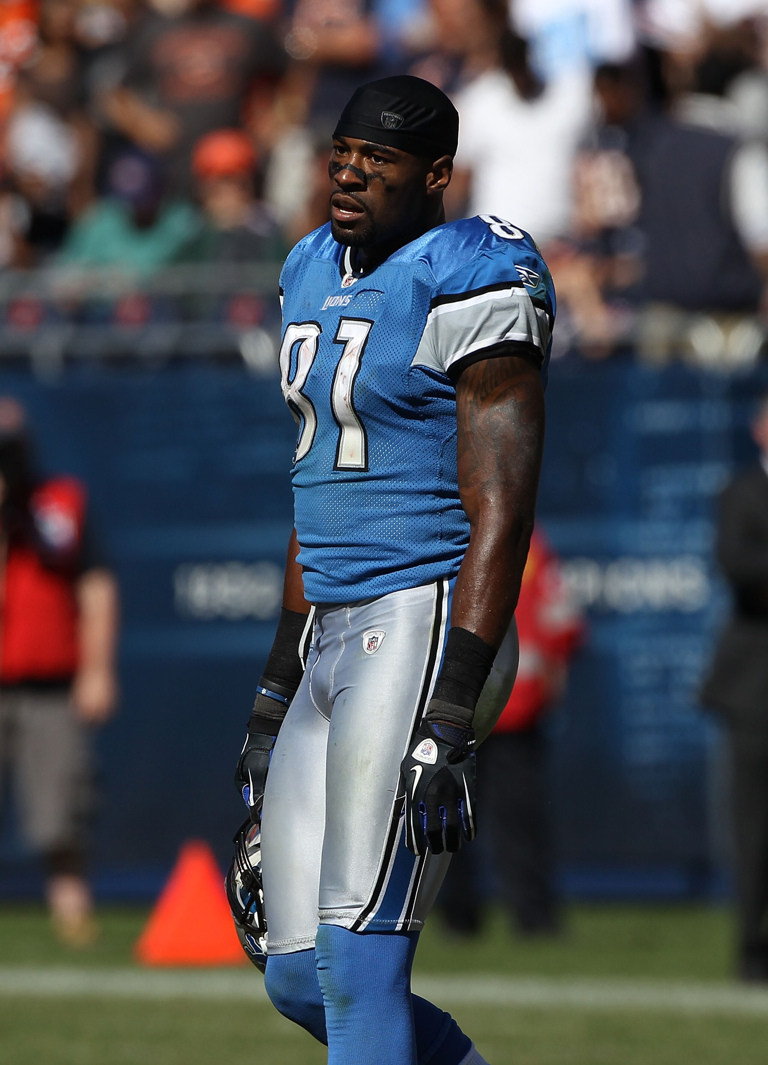CHICAGO - SEPTEMBER 12: Calvin Johnson #81 of the Detroit Lions waits for a instant replay ruling on an apparent touchdown catch in the final minute against the Chicago Bears during the NFL season opening game at Soldier Field on September 12, 2010 in Chi