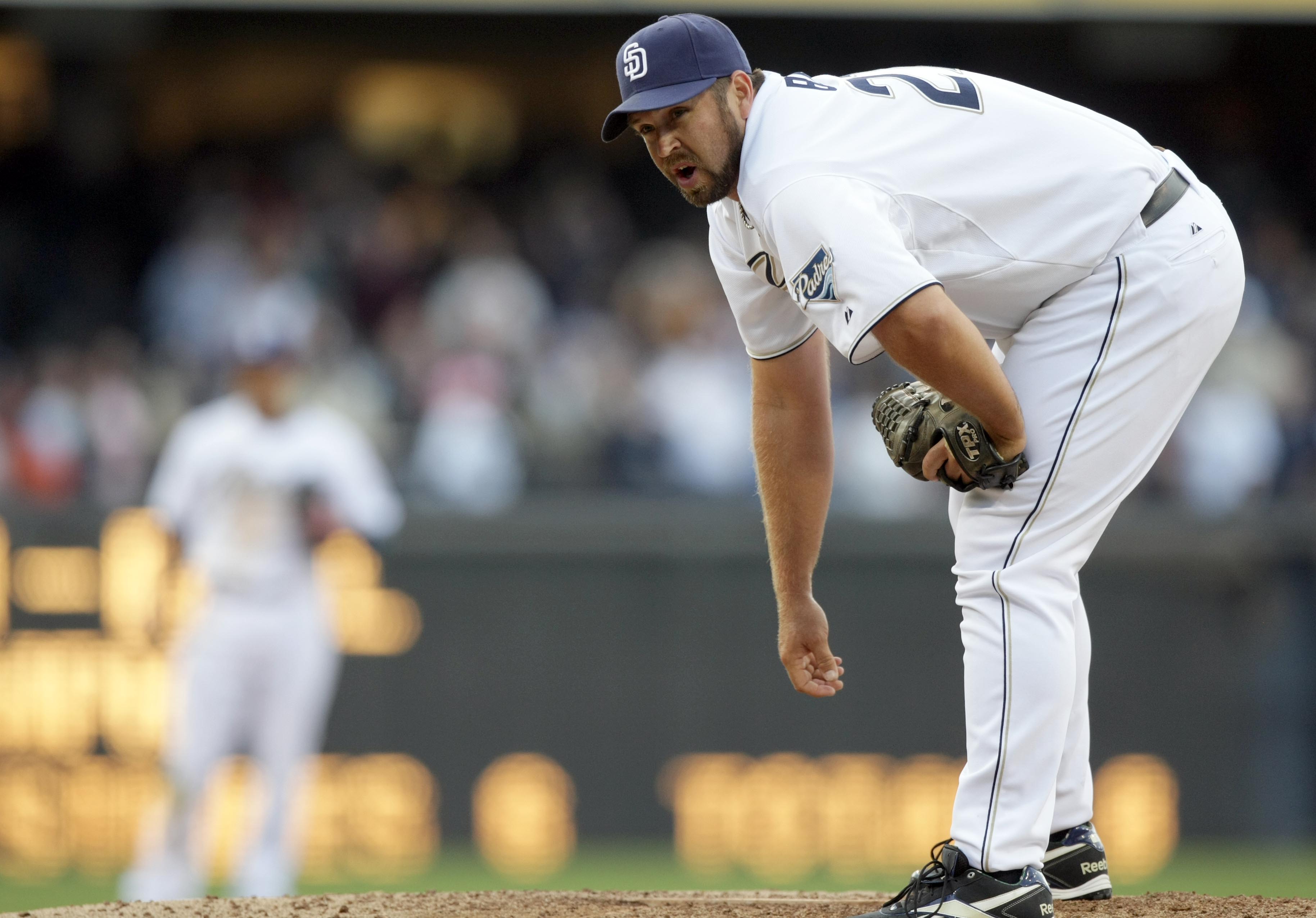 SAN DIEGO, CA - APRIL 5:  Closer Heath Bell #21 of the San Diego Padres looks on from the mound in the 9th inning against the San Francisco Giants during their MLB Game at Petco Park on April 5, 2011 in San Diego, California. Bell got the save with the Pa