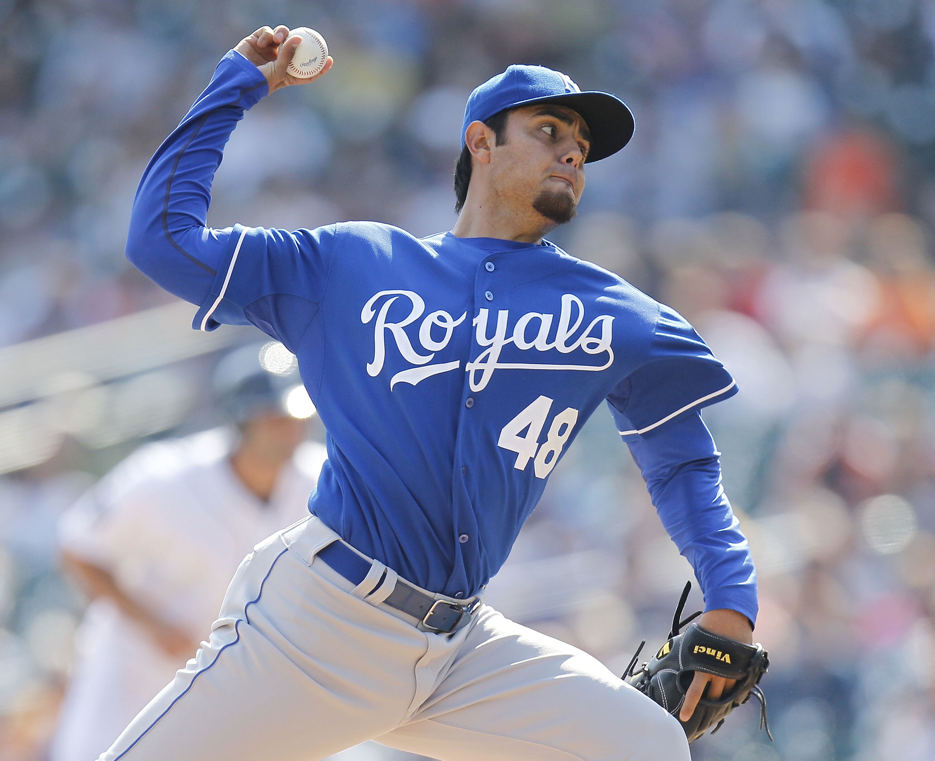 DETROIT, MI - APRIL 10:  Joakim Soria #48 of the Kansas City Royals throws a ninth inning pitch while playing the Detroit Tigers at Comerica Park on April 10, 2011 in Detroit, Michigan. Kansas City won the game 9-5. (Photo by Gregory Shamus/Getty Images)
