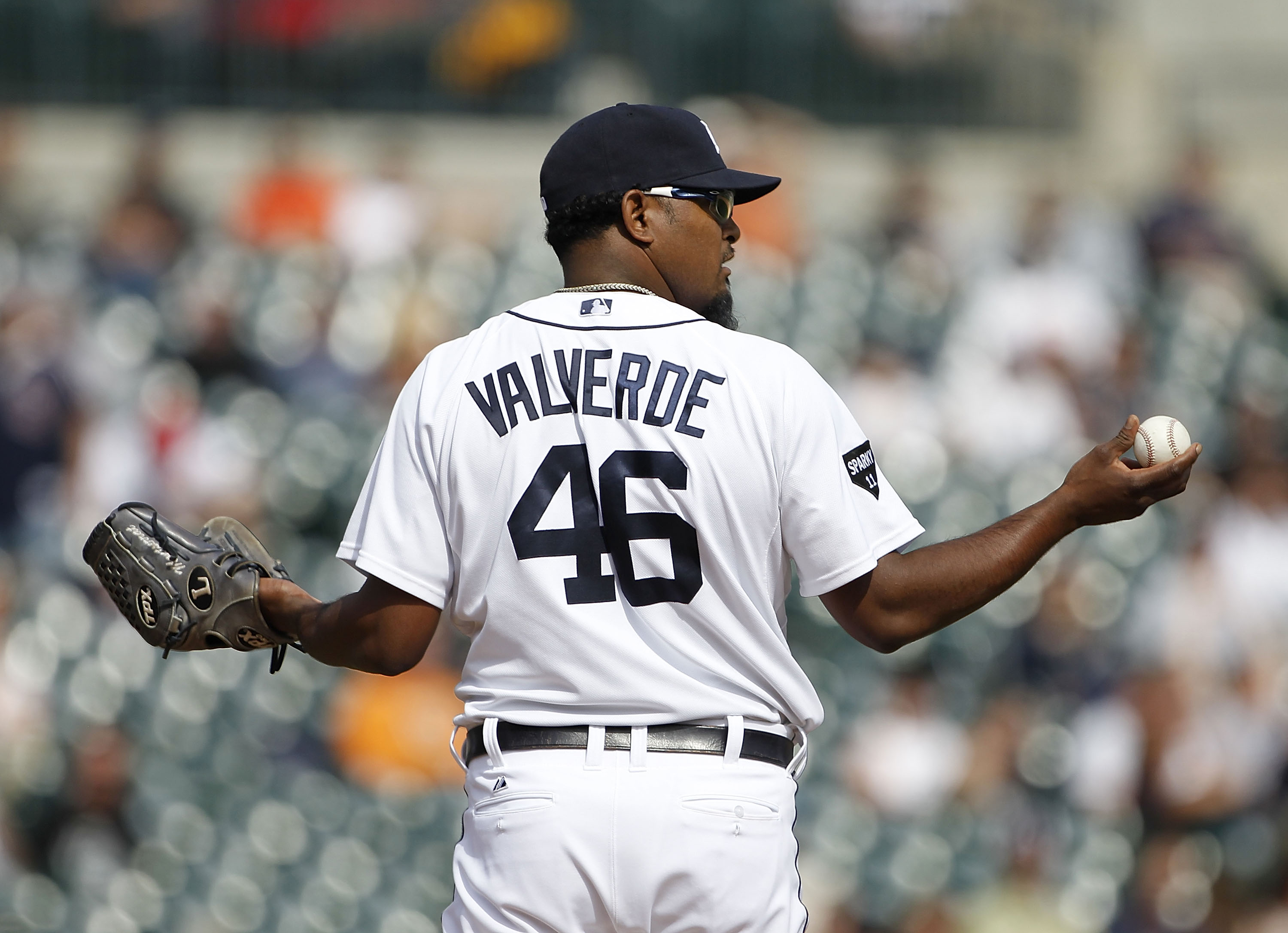 DETROIT - APRIL 13:  Jose Valverde #46 of the Detroit Tigers reacts after getting caled for a balk during the ninth inning of the game at Comerica Park on April 13, 2011 in Detroit, Michigan. The Tigers defeated the Rangers 3-2.  (Photo by Leon Halip/Gett