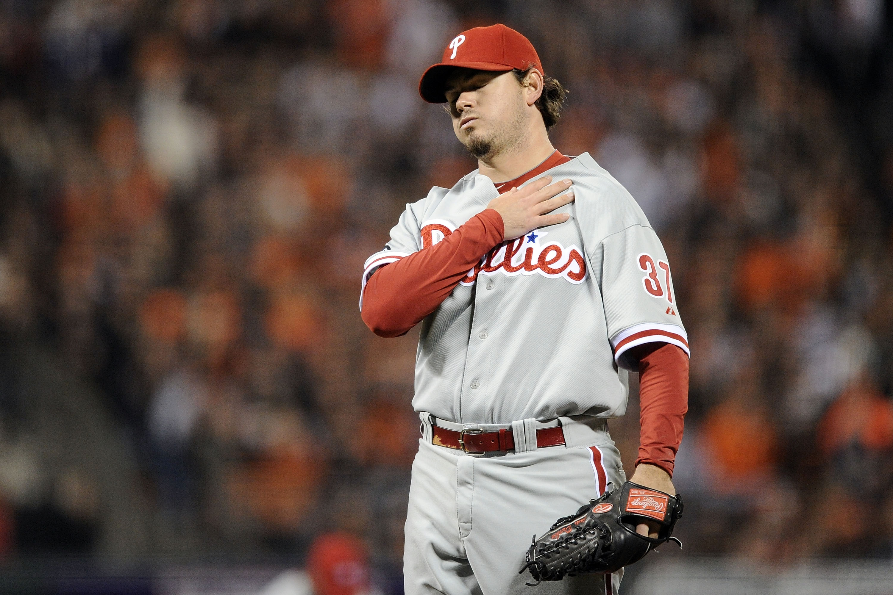SAN FRANCISCO - OCTOBER 20:  Pitcher Chad Durbin #37 of the Philadelphia Phillies reacts in the sixth inning against the San Francisco Giants in Game Four of the NLCS during the 2010 MLB Playoffs at AT&T Park on October 20, 2010 in San Francisco, Californ