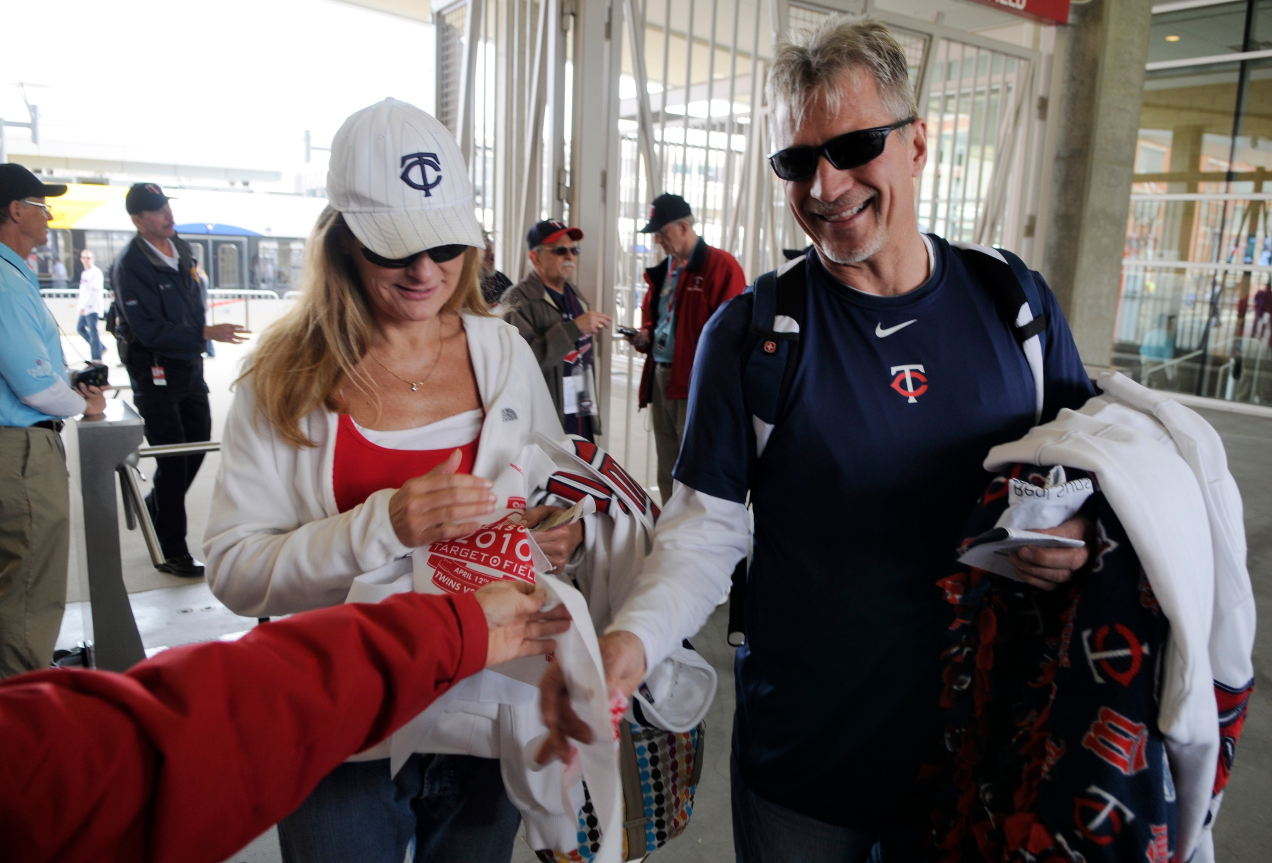 MINNESOTA, MN - APRIL 12: Fans receive their complimentary Homer Hanky after entering through Gate 6 prior to a game between the Minnesota Twins and the Boston Red Sox during the Twins home opener at Target Field on April 12, 2010 in Minneapolis, Minnesot